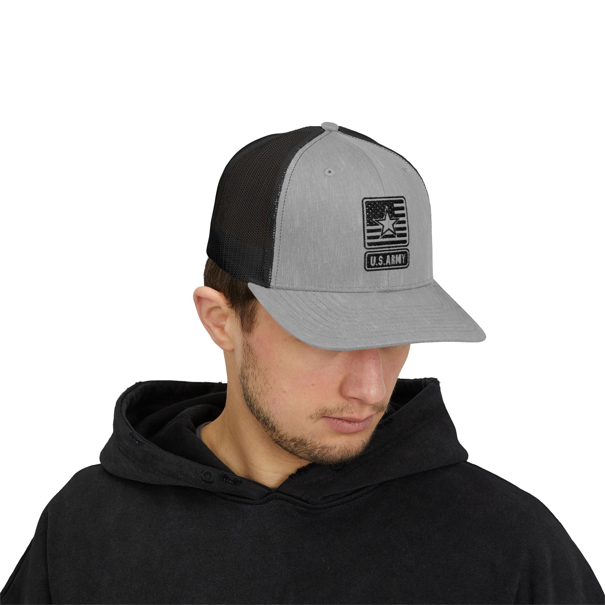 US Army Snapback Trucker Cap with Thin Red Line Design, Ideal for First Responders, Supportive Gifts, Memorials, Everyday Wear