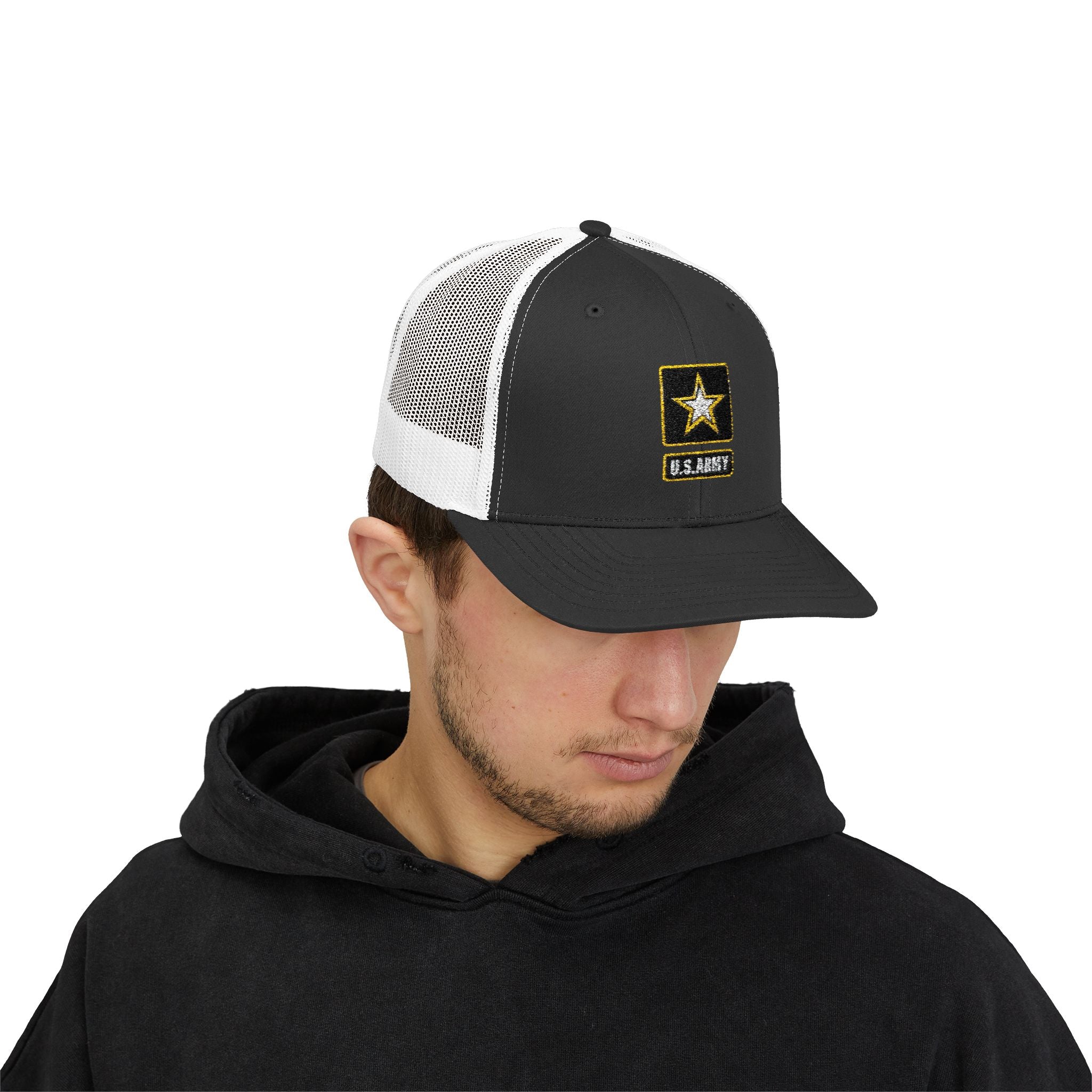 US Army Snapback Trucker Cap with Thin Red Line Design, Ideal for First Responders, Supportive Gifts, Memorials, Everyday Wear