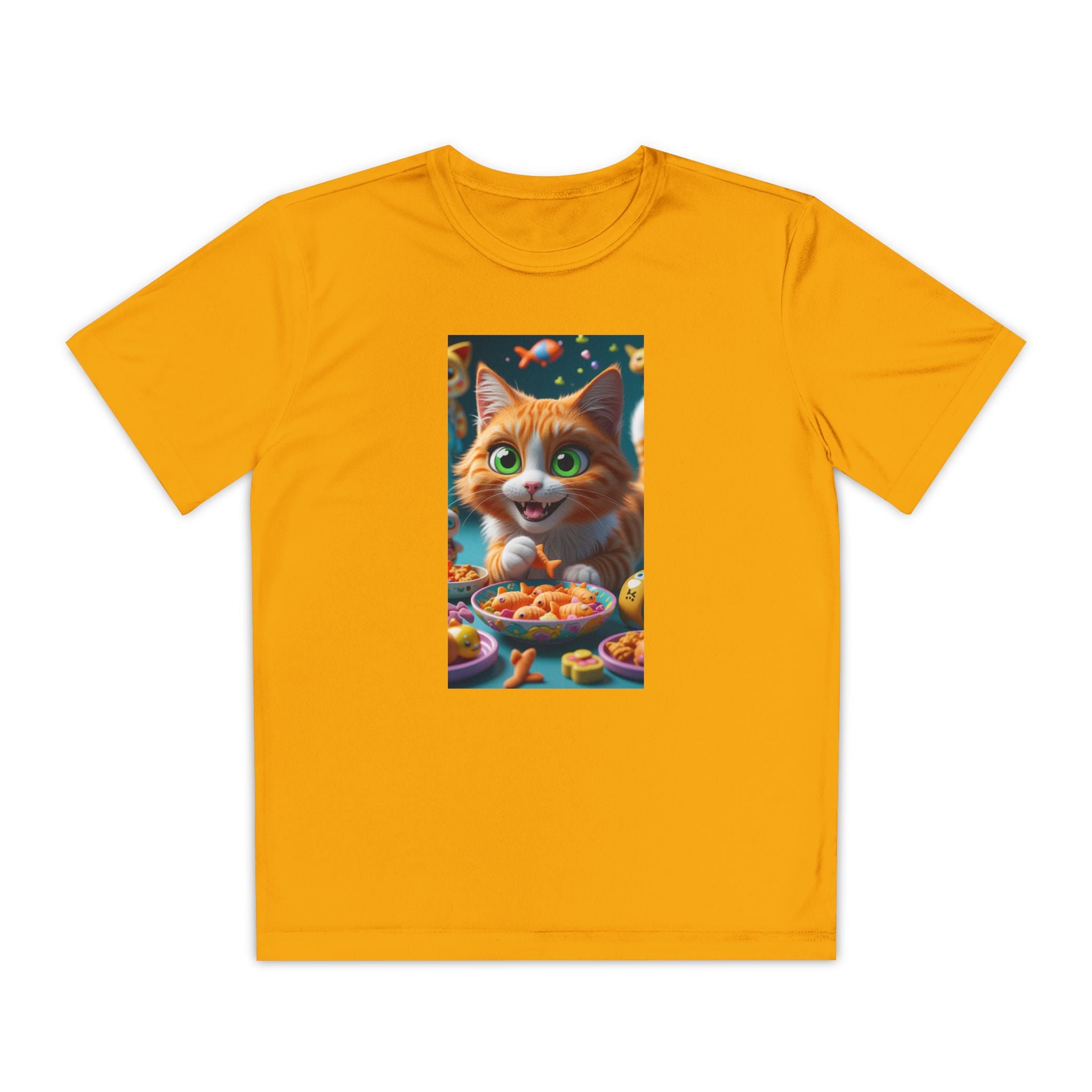 Youth Competitor Tee - Cat eating goldfish crackers, Kids T-shirt, Children's shirt, Funny animal graphic tee, Cat lover gift, Kids fashion