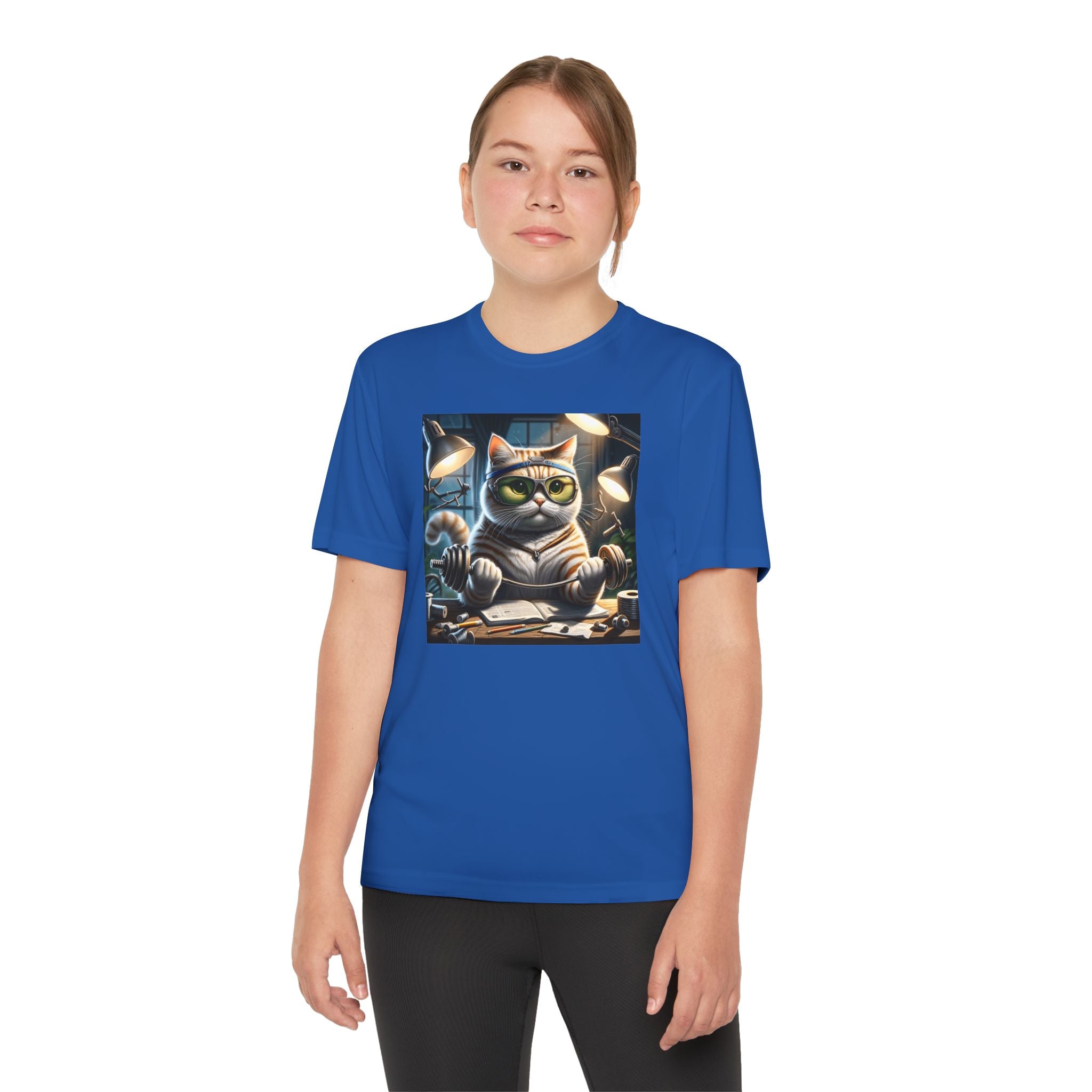 Workout Cat Youth Tee, Kids Fitness Shirt, Exercise Kitten T-Shirt, Gym Cat Top, Athletic Feline Clothing, Sporty Kitty Apparel