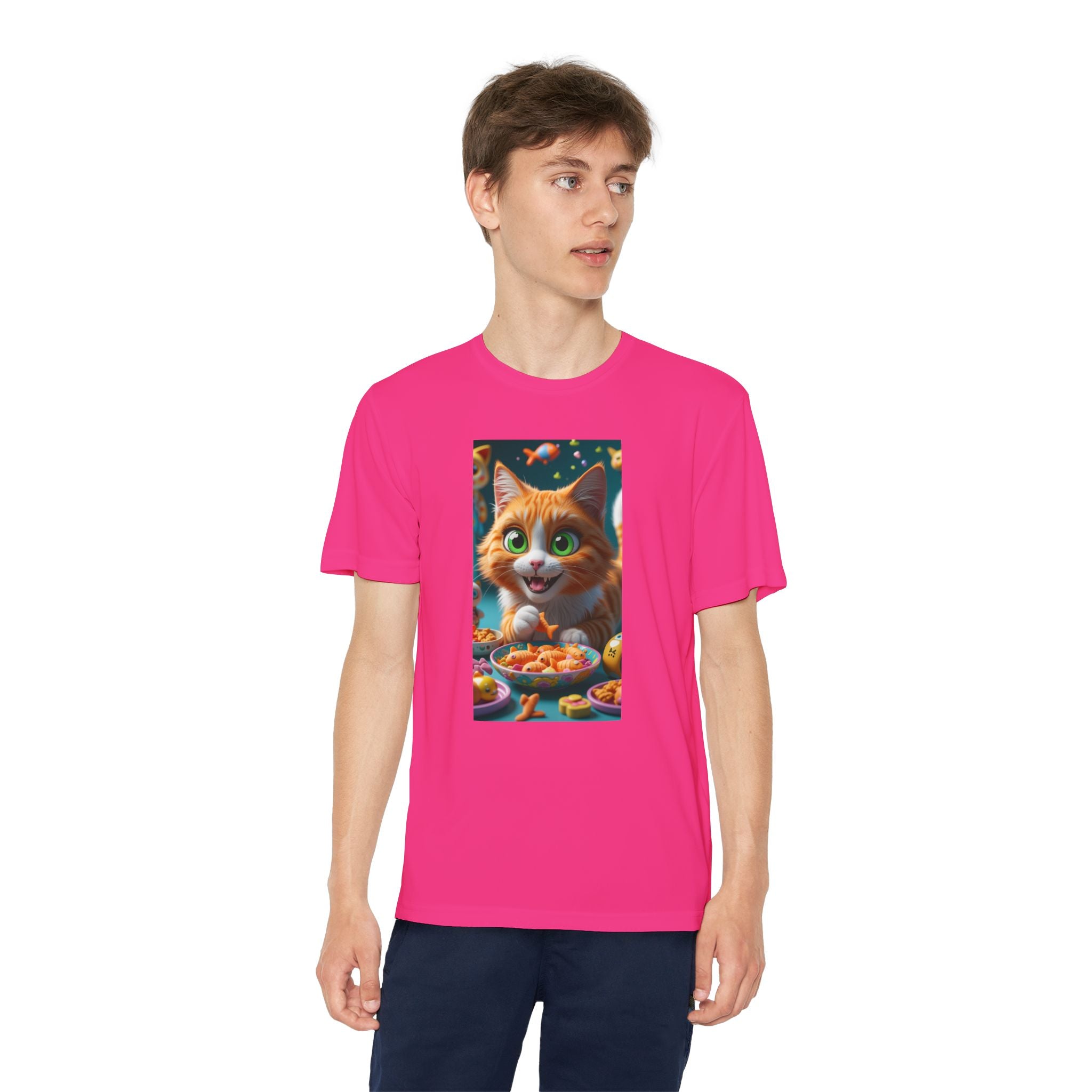 Youth Competitor Tee - Cat eating goldfish crackers, Kids T-shirt, Children's shirt, Funny animal graphic tee, Cat lover gift, Kids fashion