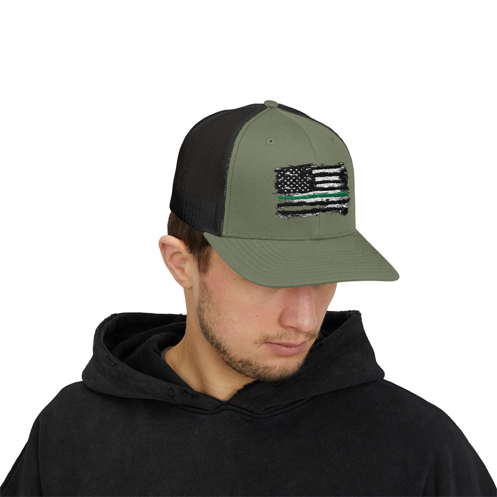 Thin Green Line Patriotic Snapback Trucker Cap with Thin Red Line Design, Ideal for First Responders, Supportive Gifts, Everyday Wear