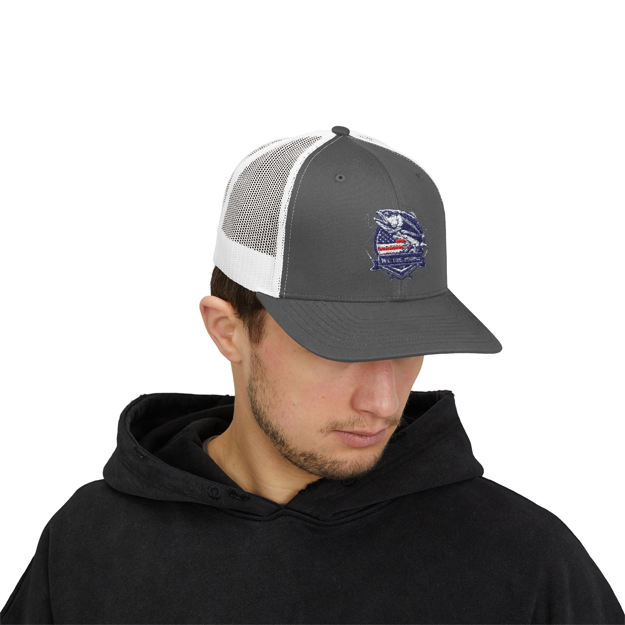 Fishing Patriotic Snapback Trucker Cap with Thin Red Line Design, Ideal for First Responders, Supportive Gifts, Memorials, Everyday Wear