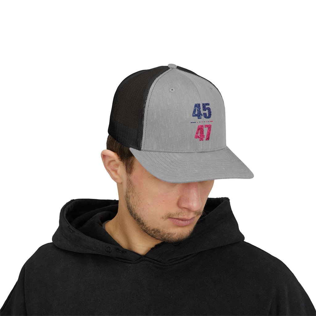 45 / 47 Patriotic Snapback Trucker Cap with Thin Red Line Design, Ideal for First Responders, Supportive Gifts, Memorials, Everyday Wear