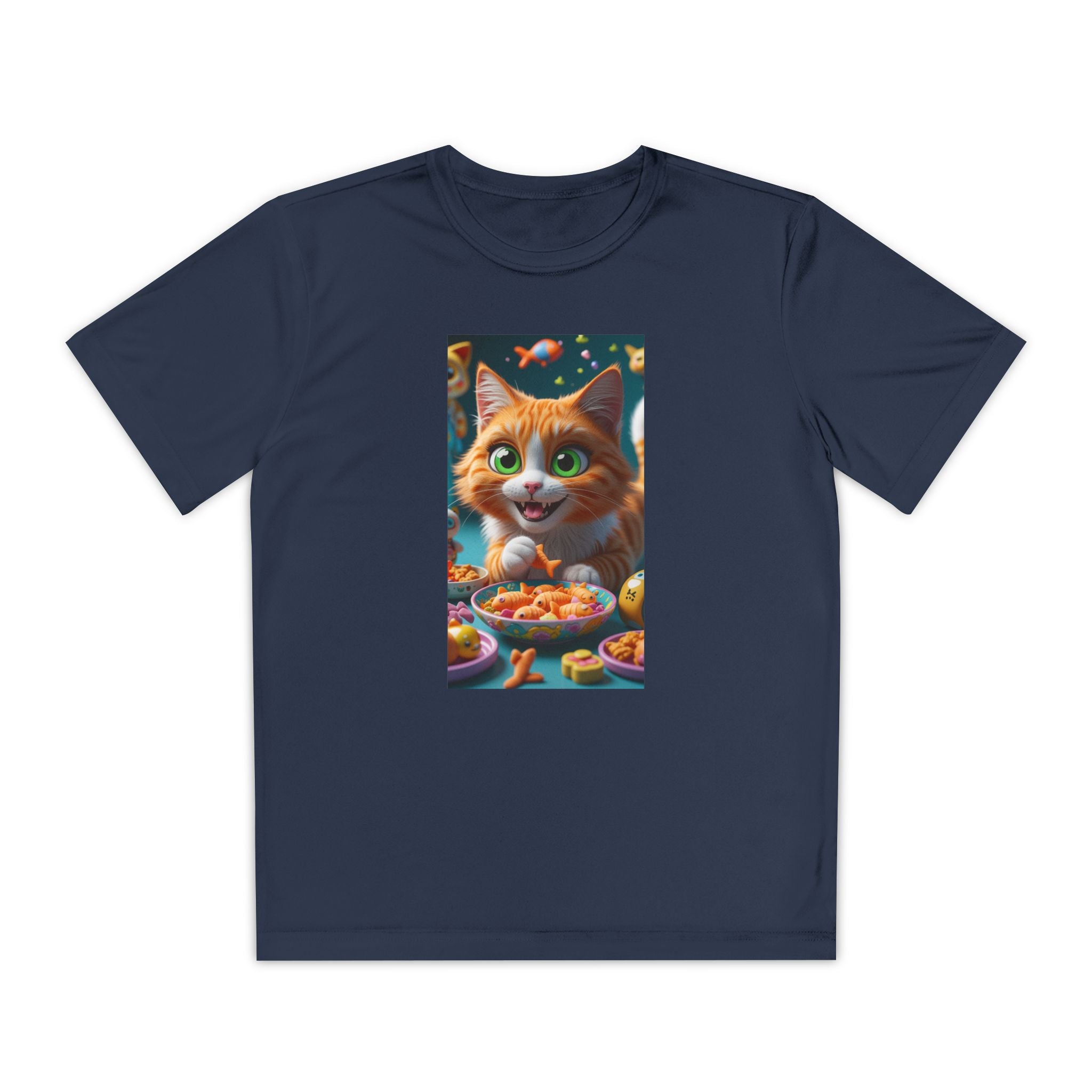 Youth Competitor Tee - Cat eating goldfish crackers, Kids T-shirt, Children's shirt, Funny animal graphic tee, Cat lover gift, Kids fashion