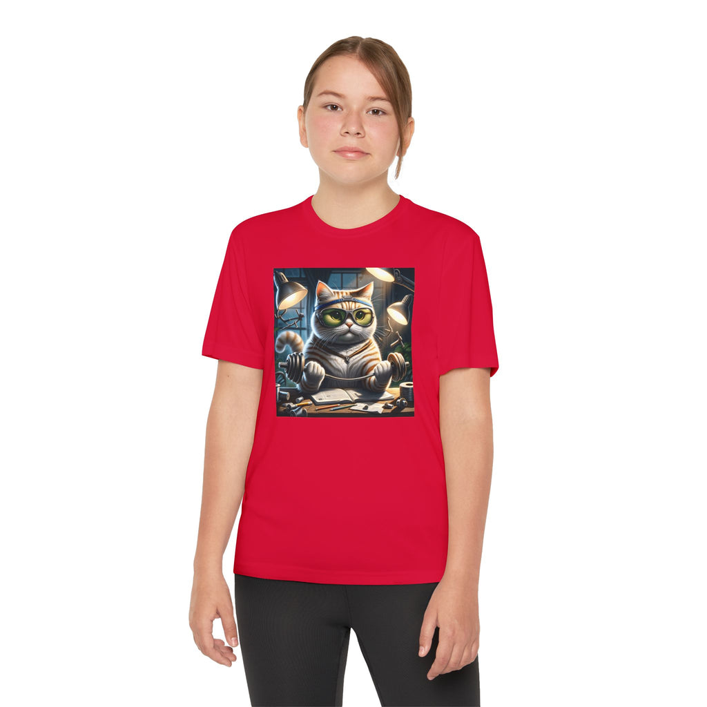 Workout Cat Youth Tee, Kids Fitness Shirt, Exercise Kitten T-Shirt, Gym Cat Top, Athletic Feline Clothing, Sporty Kitty Apparel