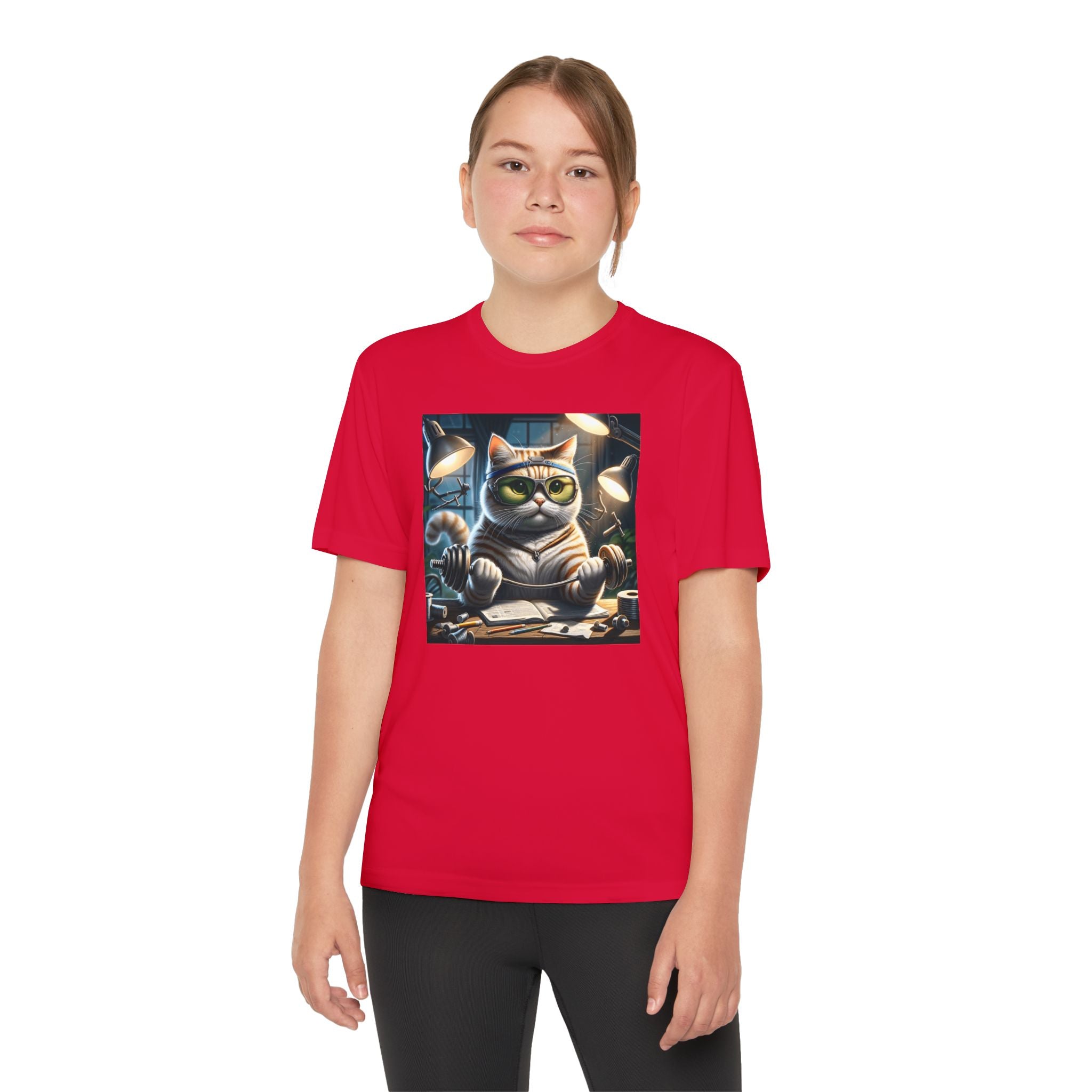Workout Cat Youth Tee, Kids Fitness Shirt, Exercise Kitten T-Shirt, Gym Cat Top, Athletic Feline Clothing, Sporty Kitty Apparel