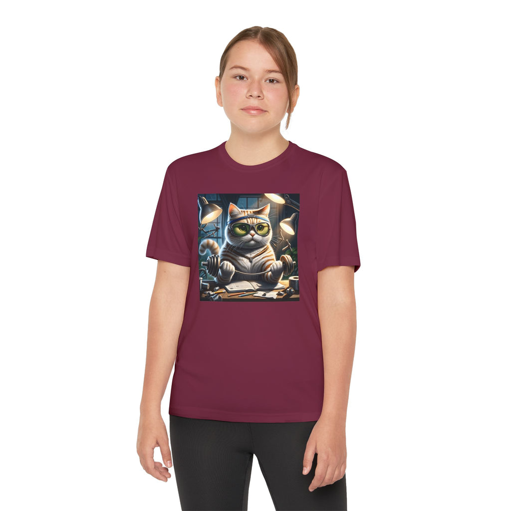 Workout Cat Youth Tee, Kids Fitness Shirt, Exercise Kitten T-Shirt, Gym Cat Top, Athletic Feline Clothing, Sporty Kitty Apparel