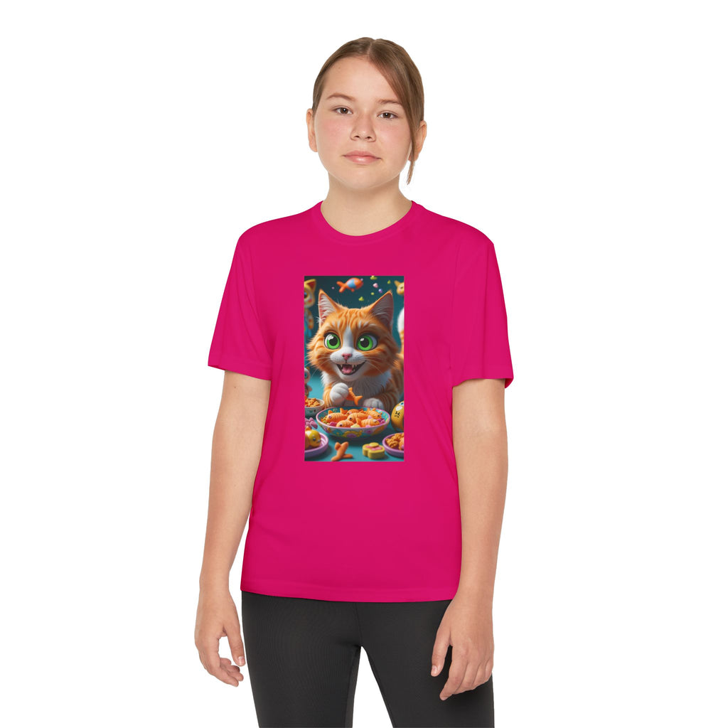 Youth Competitor Tee - Cat eating goldfish crackers, Kids T-shirt, Children's shirt, Funny animal graphic tee, Cat lover gift, Kids fashion