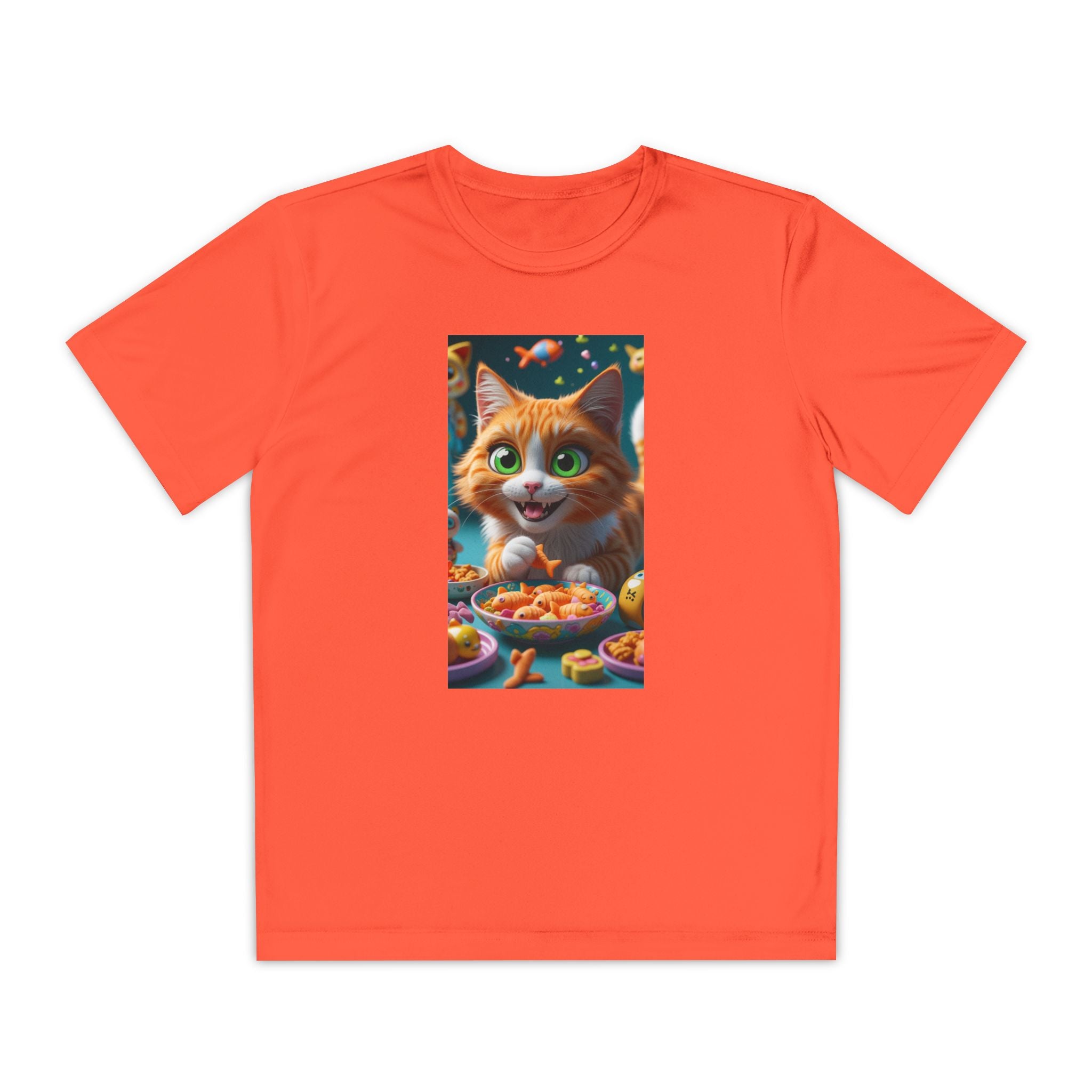 Youth Competitor Tee - Cat eating goldfish crackers, Kids T-shirt, Children's shirt, Funny animal graphic tee, Cat lover gift, Kids fashion