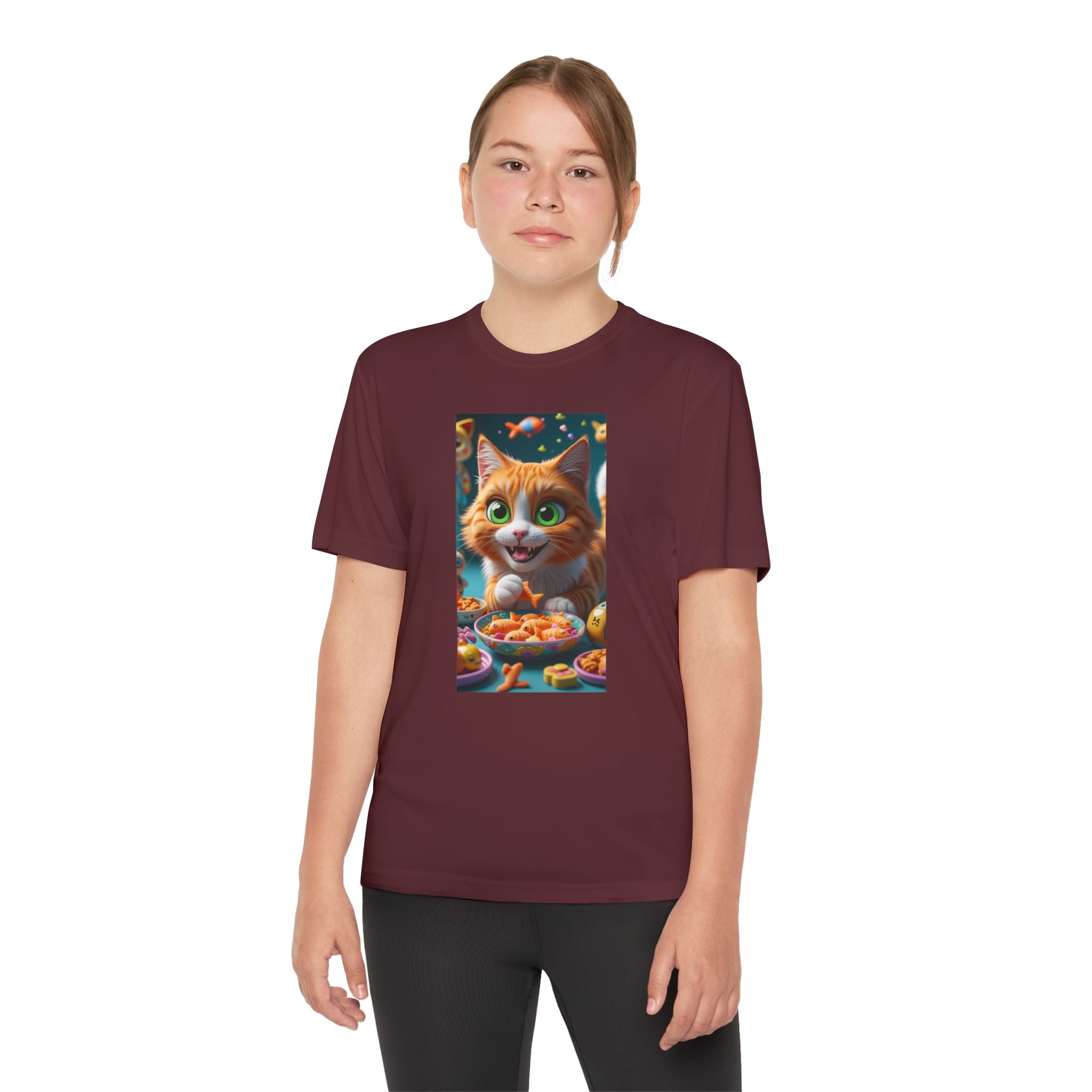 Youth Competitor Tee - Cat eating goldfish crackers, Kids T-shirt, Children's shirt, Funny animal graphic tee, Cat lover gift, Kids fashion