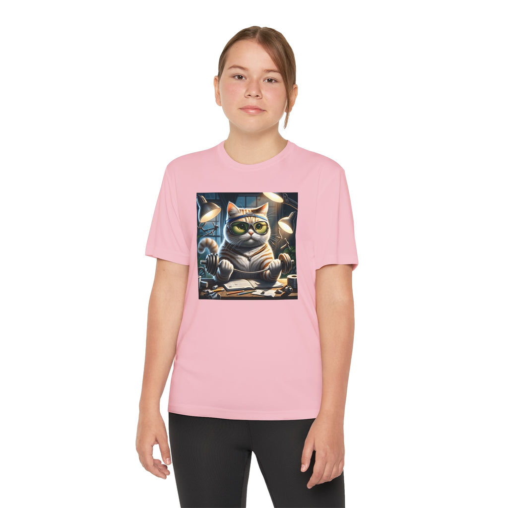 Workout Cat Youth Tee, Kids Fitness Shirt, Exercise Kitten T-Shirt, Gym Cat Top, Athletic Feline Clothing, Sporty Kitty Apparel