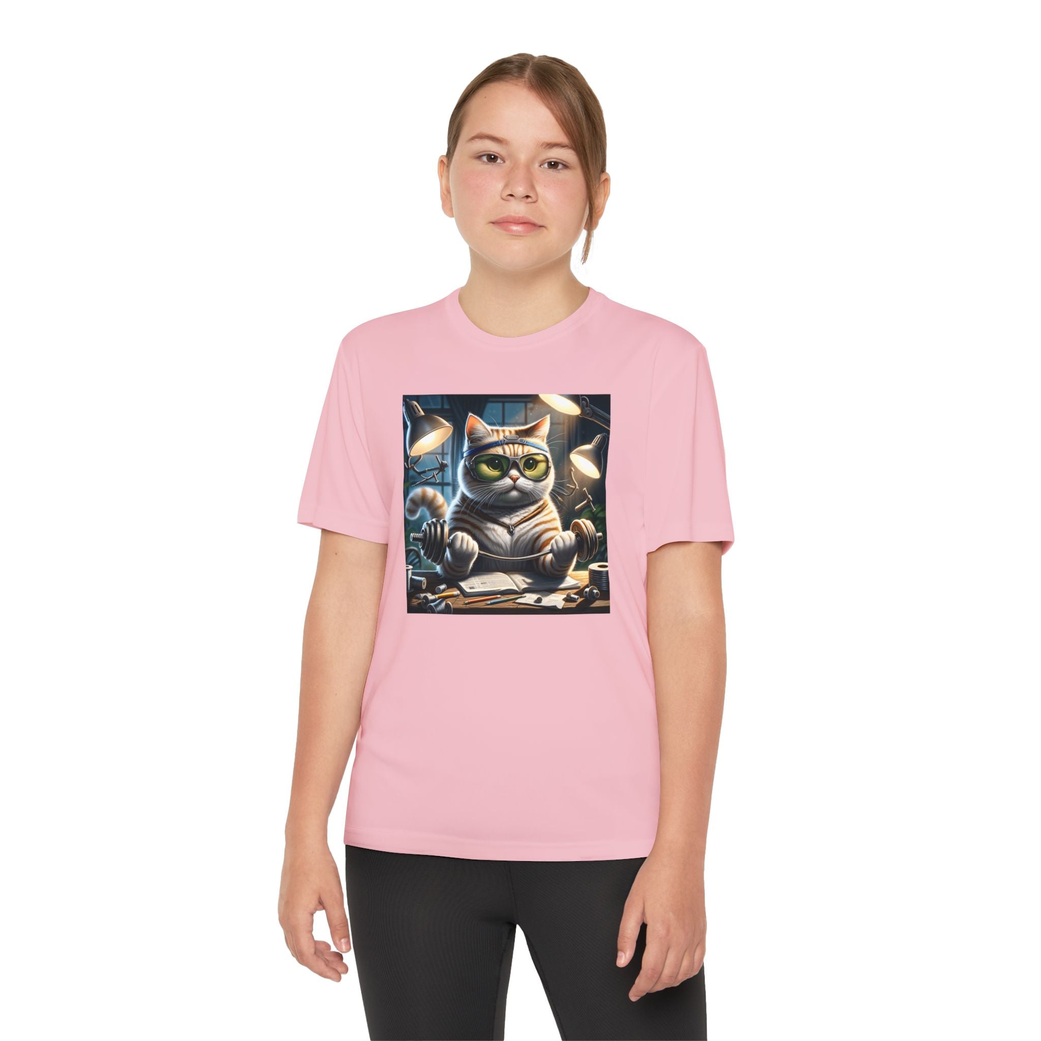 Workout Cat Youth Tee, Kids Fitness Shirt, Exercise Kitten T-Shirt, Gym Cat Top, Athletic Feline Clothing, Sporty Kitty Apparel