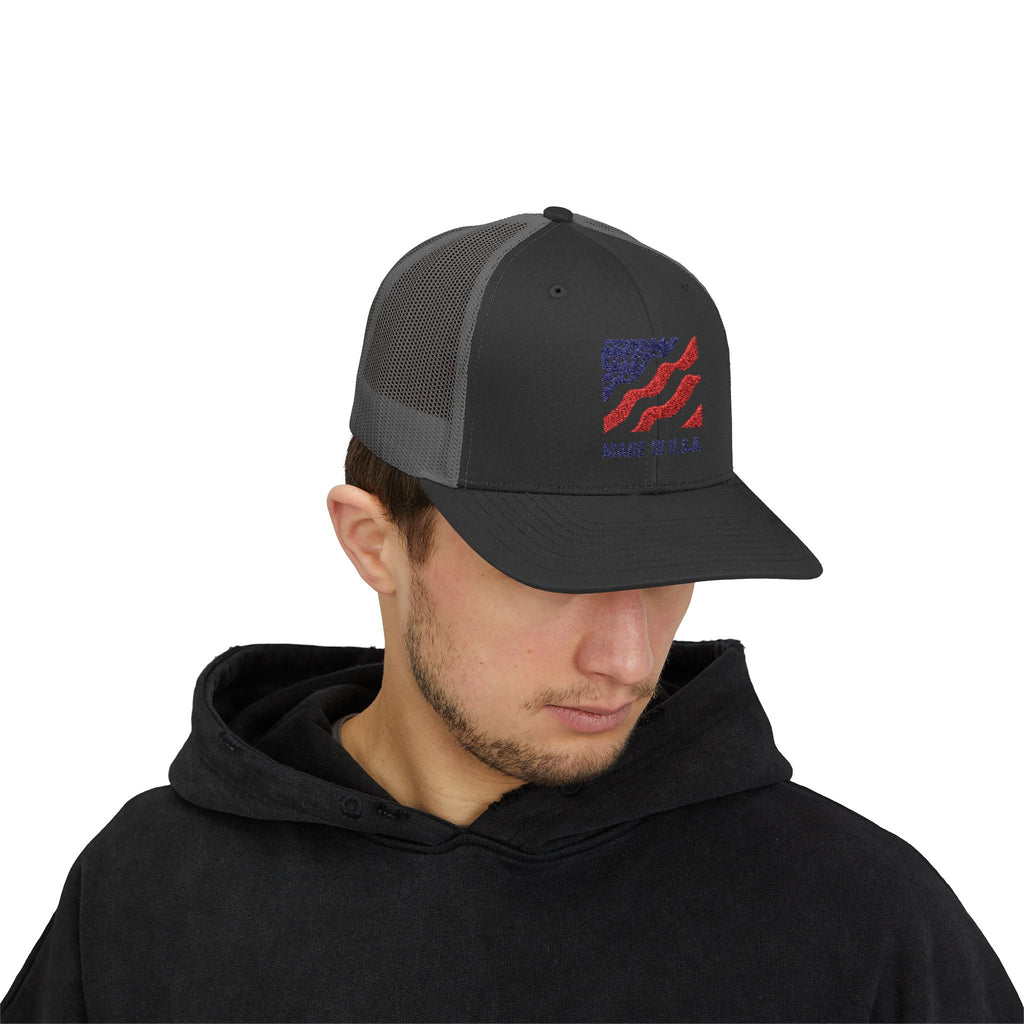 Made In The USA Snapback Trucker Cap with Thin Red Line Design, Ideal for First Responders, Supportive Gifts, Memorials, Everyday Wear