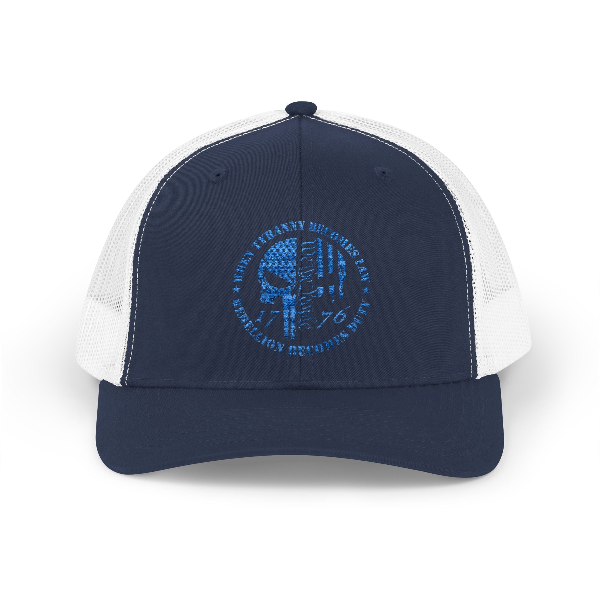 1776 Punisher Snapback Trucker Cap with Thin Red Line Design, Ideal for First Responders, Supportive Gifts, Memorials, Everyday Wear
