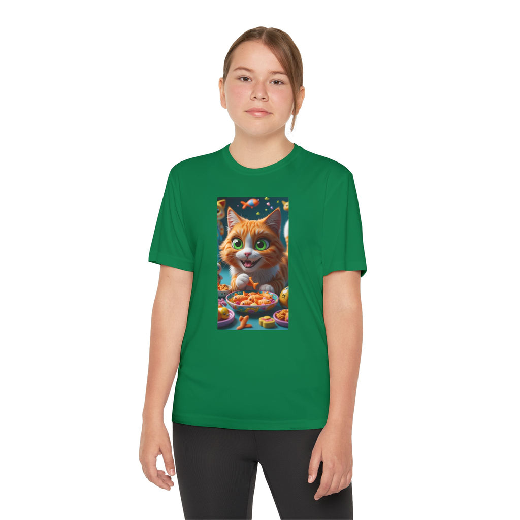 Youth Competitor Tee - Cat eating goldfish crackers, Kids T-shirt, Children's shirt, Funny animal graphic tee, Cat lover gift, Kids fashion