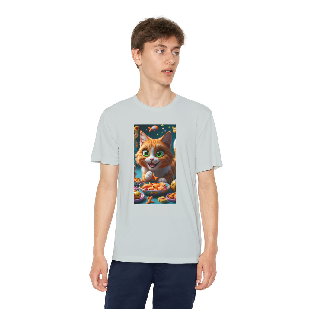 Youth Competitor Tee - Cat eating goldfish crackers, Kids T-shirt, Children's shirt, Funny animal graphic tee, Cat lover gift, Kids fashion