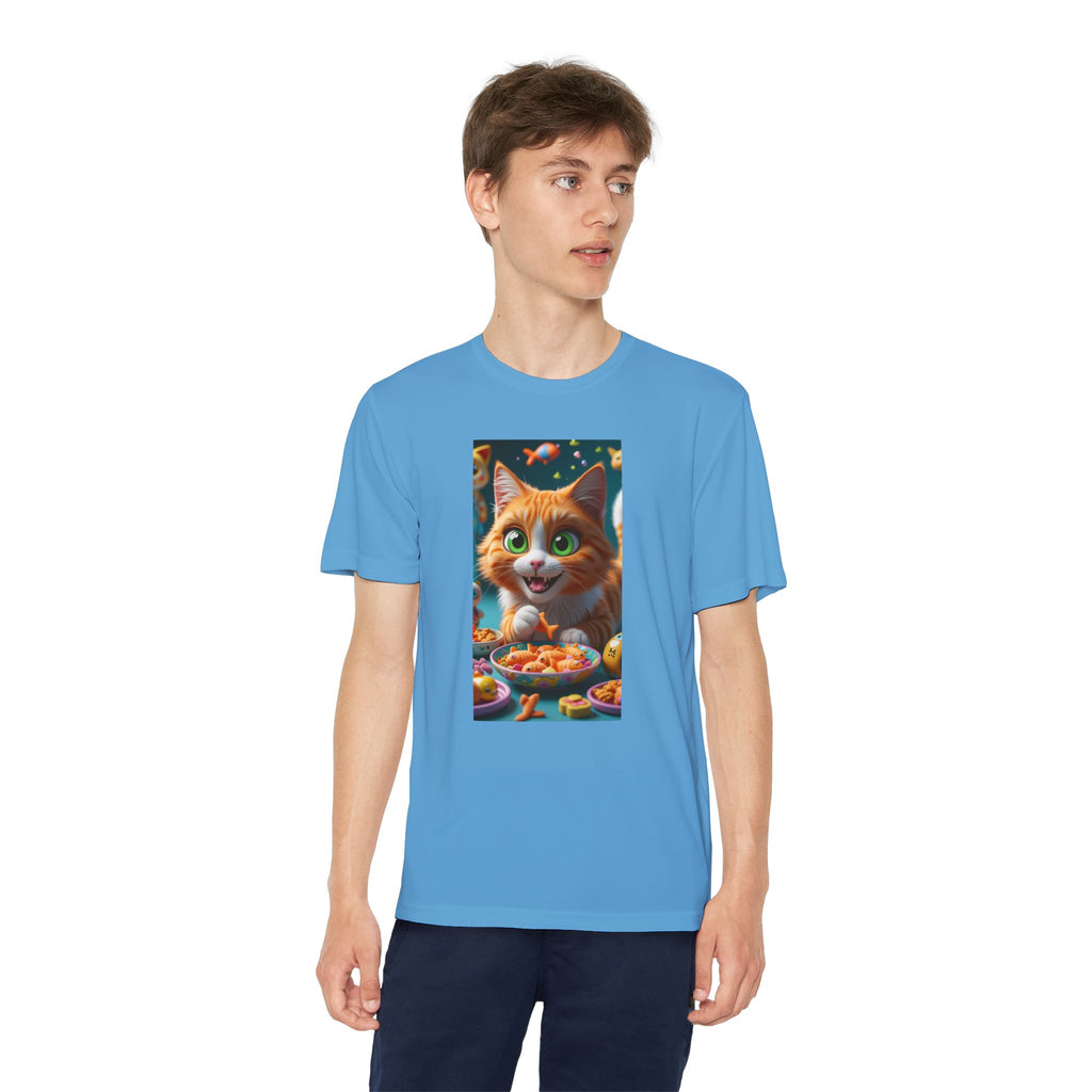 Youth Competitor Tee - Cat eating goldfish crackers, Kids T-shirt, Children's shirt, Funny animal graphic tee, Cat lover gift, Kids fashion