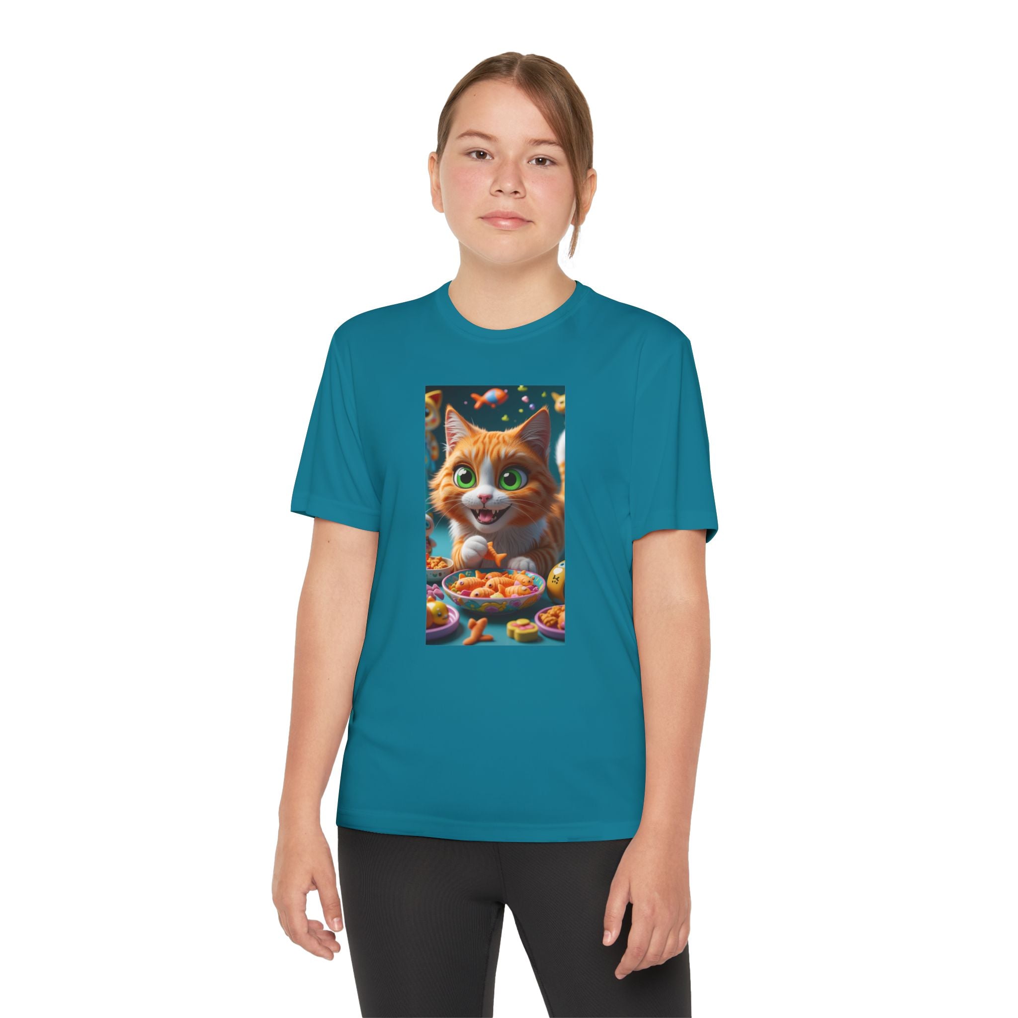Youth Competitor Tee - Cat eating goldfish crackers, Kids T-shirt, Children's shirt, Funny animal graphic tee, Cat lover gift, Kids fashion
