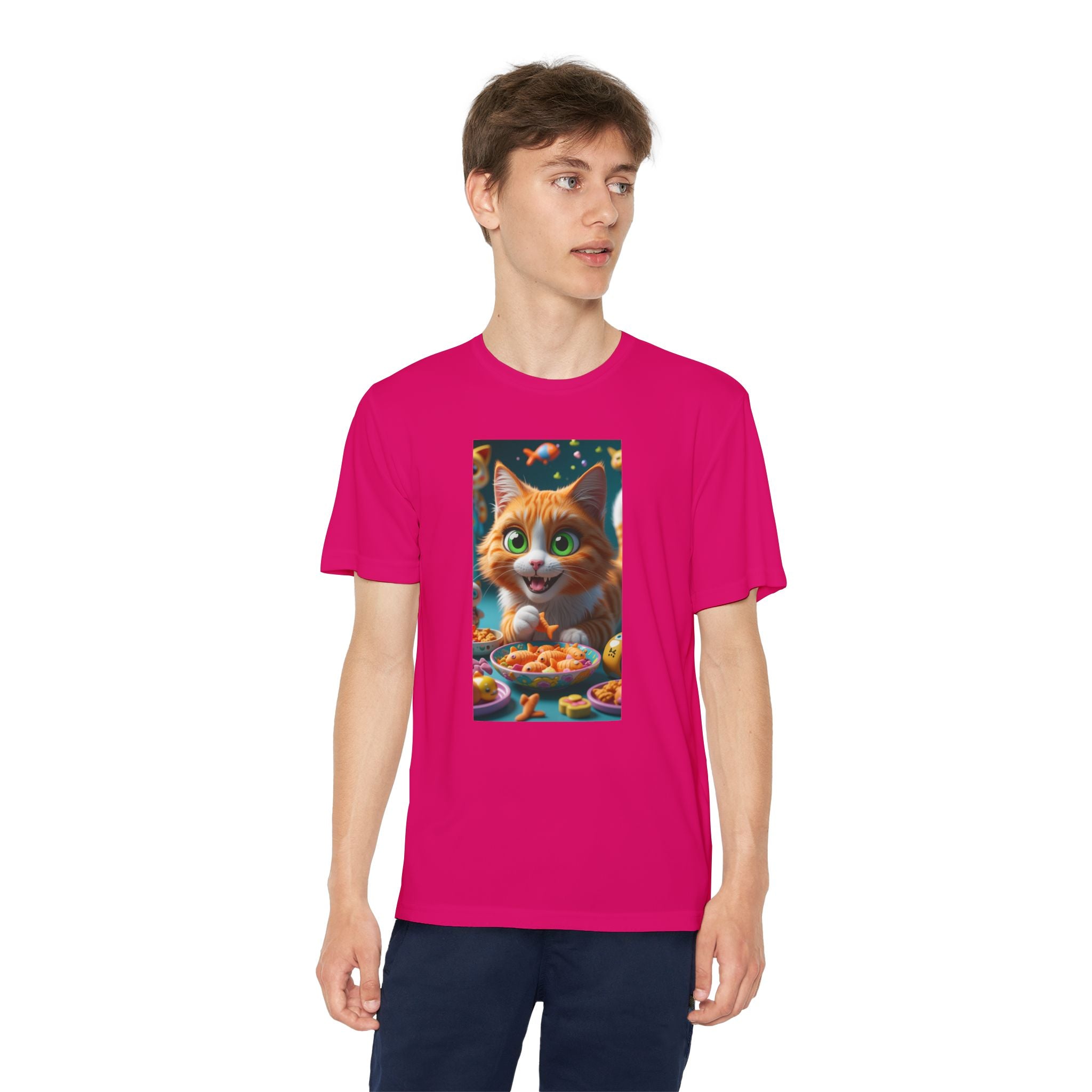 Youth Competitor Tee - Cat eating goldfish crackers, Kids T-shirt, Children's shirt, Funny animal graphic tee, Cat lover gift, Kids fashion