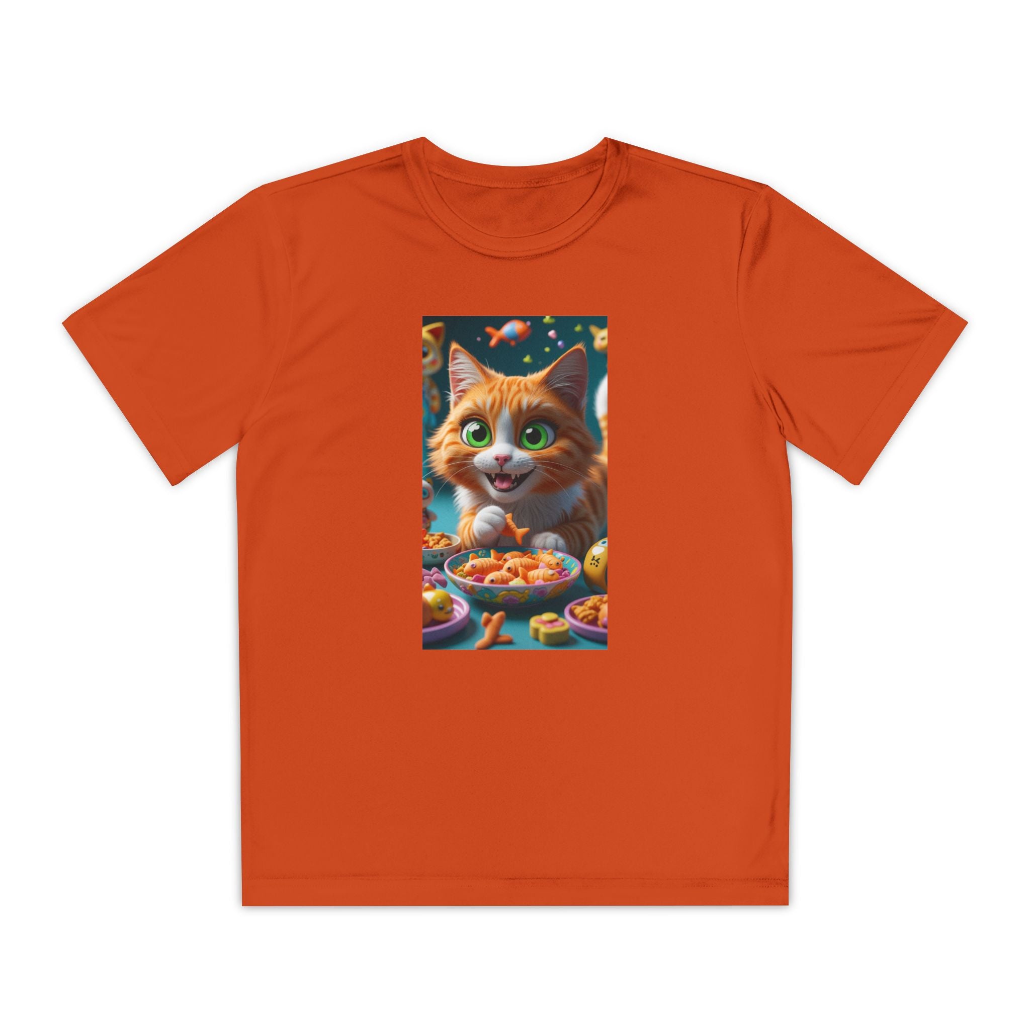 Youth Competitor Tee - Cat eating goldfish crackers, Kids T-shirt, Children's shirt, Funny animal graphic tee, Cat lover gift, Kids fashion