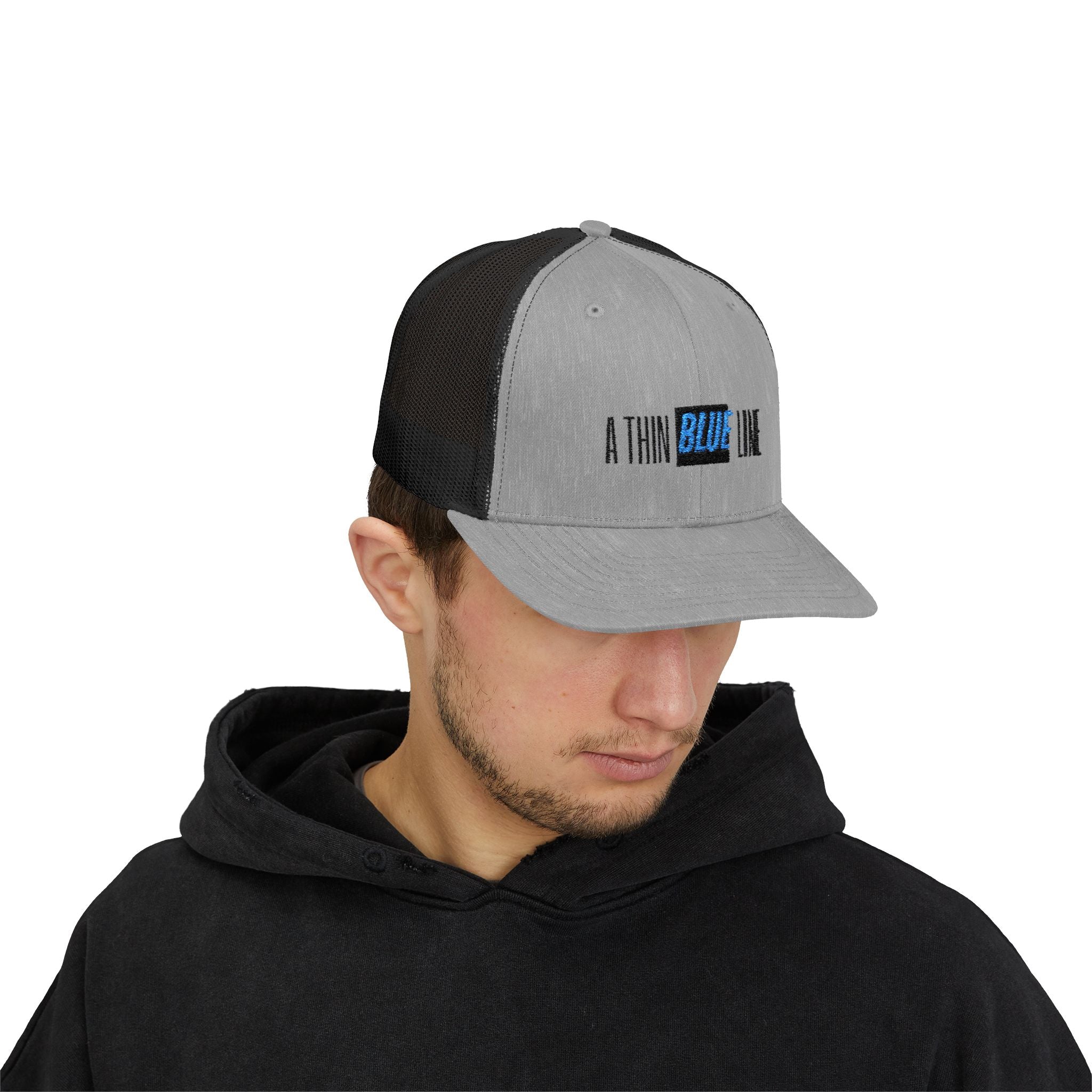 Back The Blue Snapback Trucker Cap with Thin Red Line Design, Ideal for First Responders, Supportive Gifts, Memorials, Everyday Wear