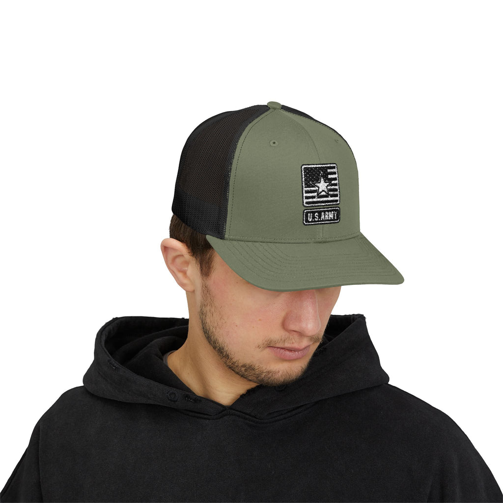 US Army Snapback Trucker Cap with Thin Red Line Design, Ideal for First Responders, Supportive Gifts, Memorials, Everyday Wear