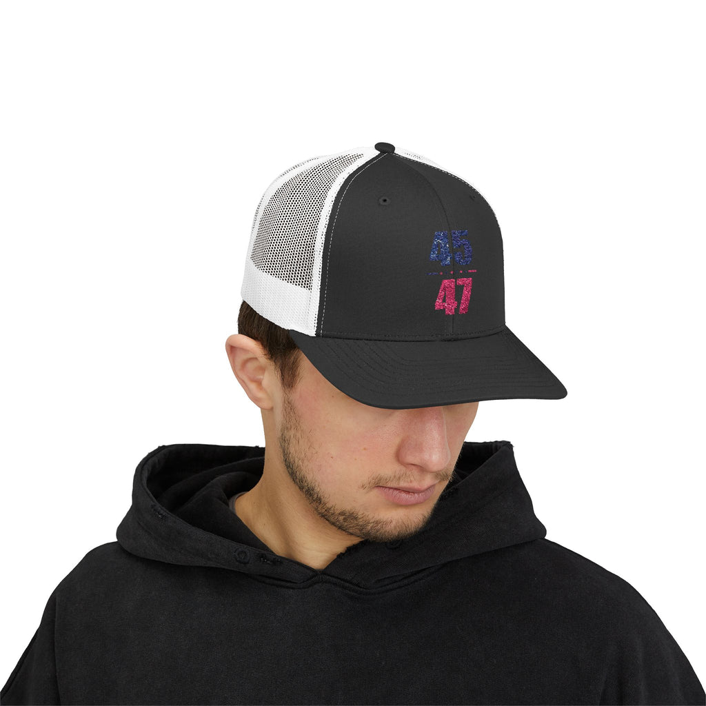45 / 47 Patriotic Snapback Trucker Cap with Thin Red Line Design, Ideal for First Responders, Supportive Gifts, Memorials, Everyday Wear
