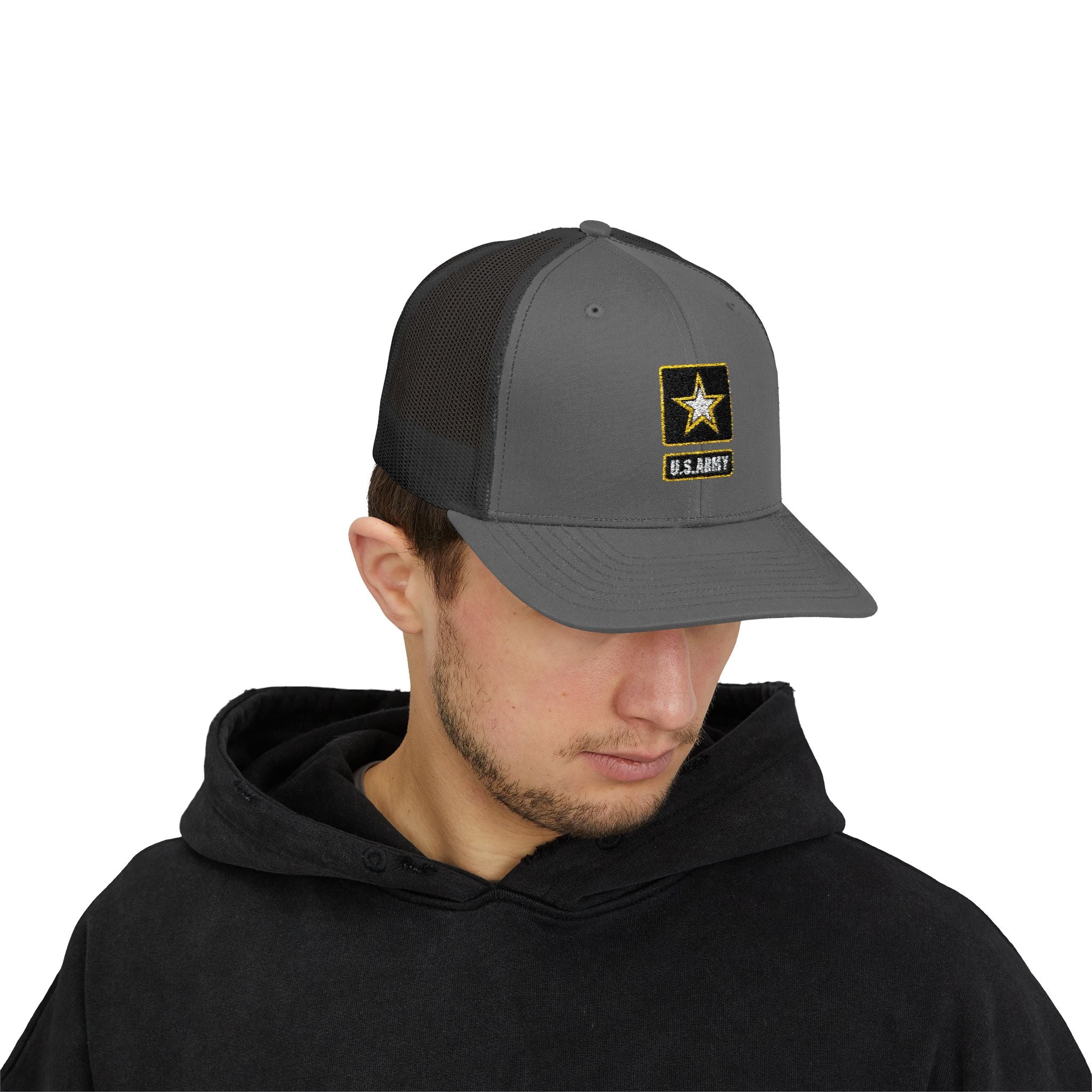 US Army Snapback Trucker Cap with Thin Red Line Design, Ideal for First Responders, Supportive Gifts, Memorials, Everyday Wear