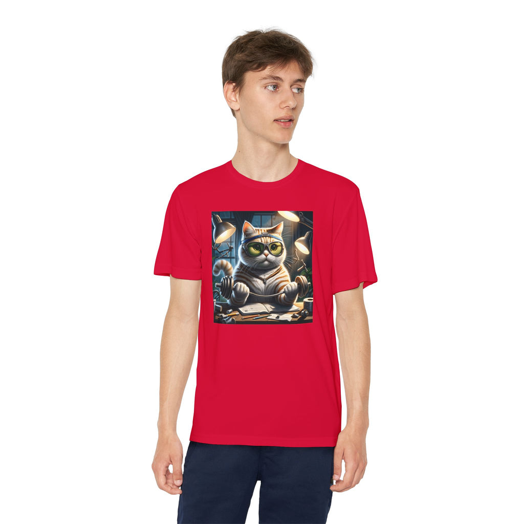 Workout Cat Youth Tee, Kids Fitness Shirt, Exercise Kitten T-Shirt, Gym Cat Top, Athletic Feline Clothing, Sporty Kitty Apparel