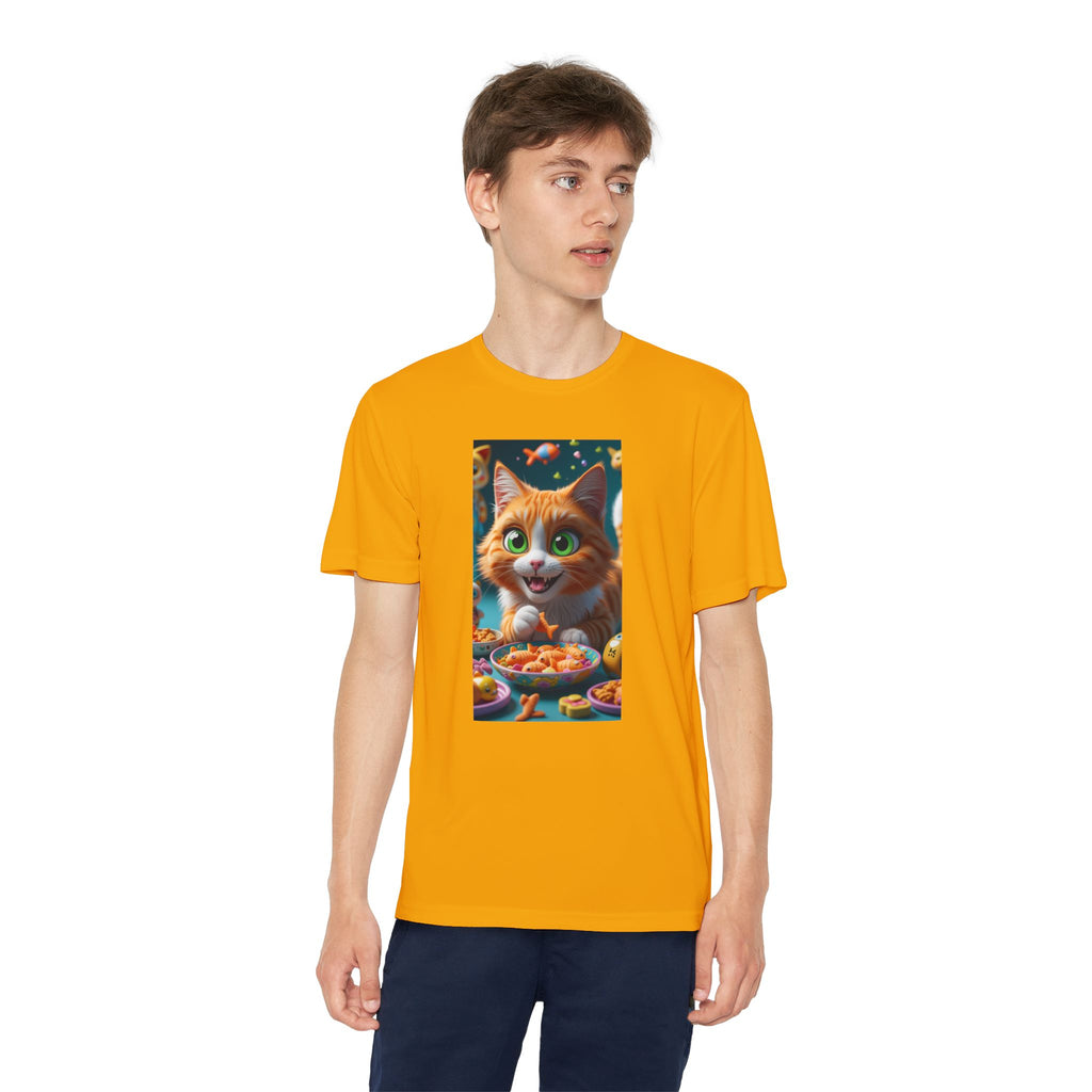 Youth Competitor Tee - Cat eating goldfish crackers, Kids T-shirt, Children's shirt, Funny animal graphic tee, Cat lover gift, Kids fashion
