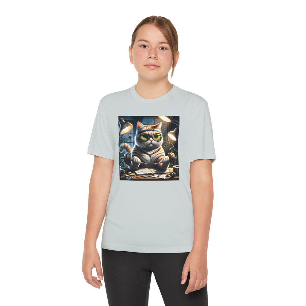 Workout Cat Youth Tee, Kids Fitness Shirt, Exercise Kitten T-Shirt, Gym Cat Top, Athletic Feline Clothing, Sporty Kitty Apparel