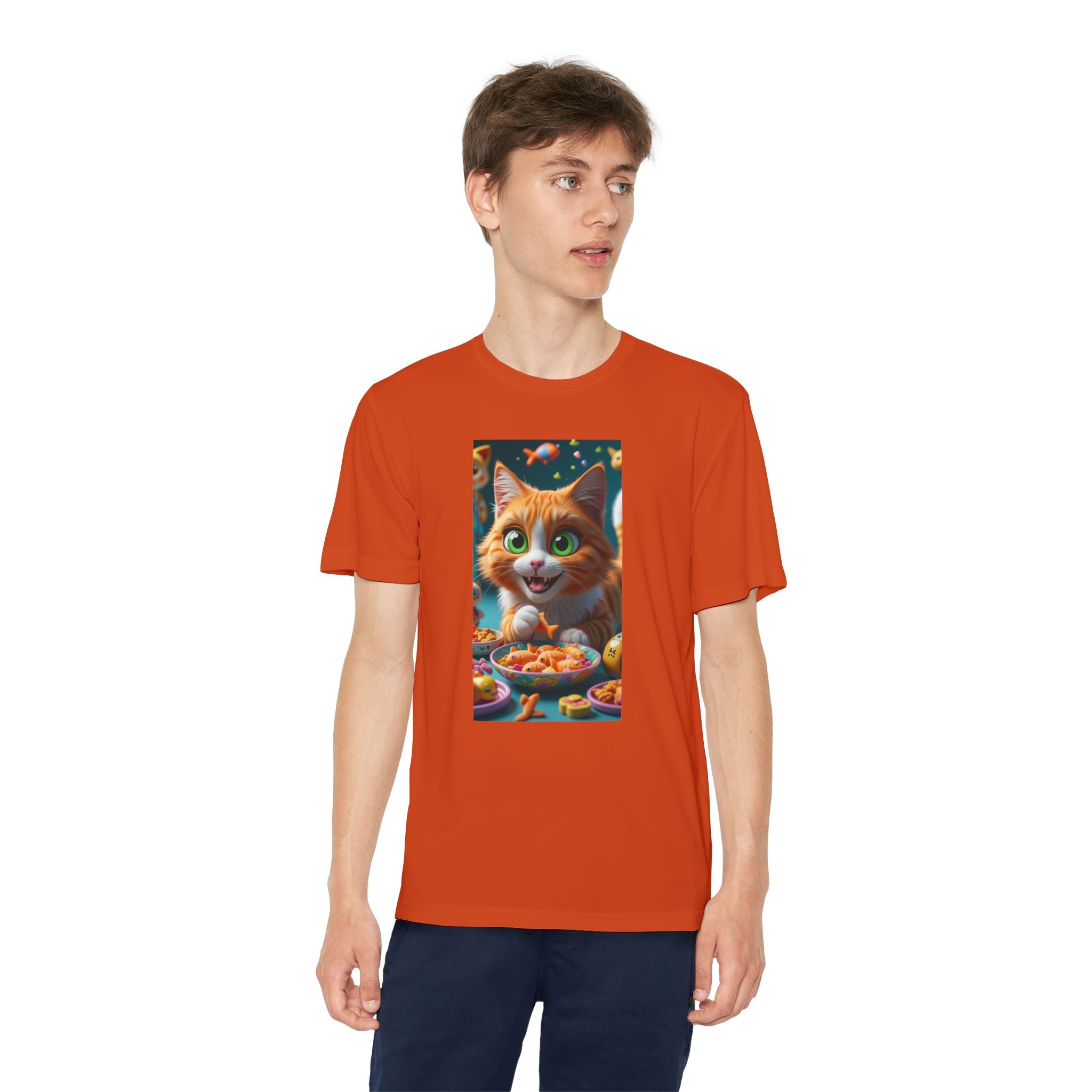 Youth Competitor Tee - Cat eating goldfish crackers, Kids T-shirt, Children's shirt, Funny animal graphic tee, Cat lover gift, Kids fashion