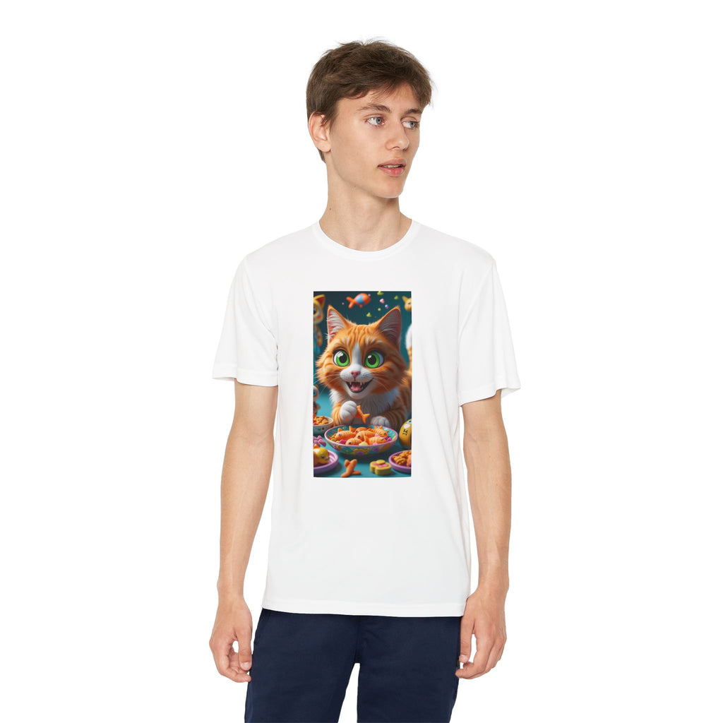 Youth Competitor Tee - Cat eating goldfish crackers, Kids T-shirt, Children's shirt, Funny animal graphic tee, Cat lover gift, Kids fashion