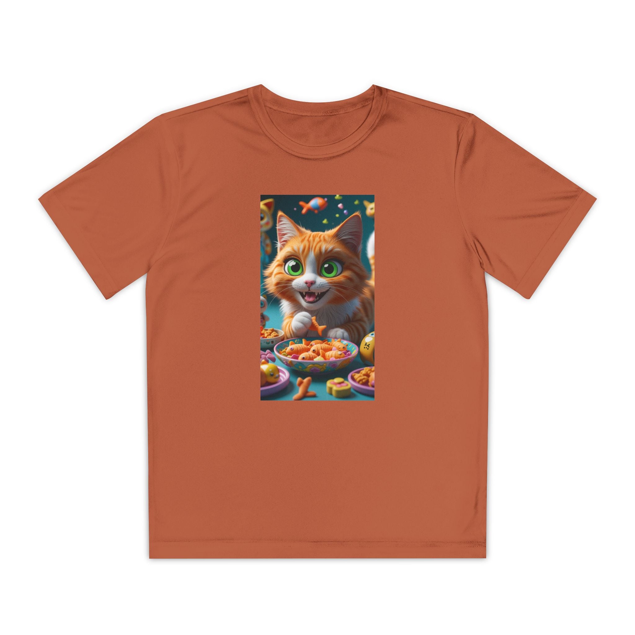 Youth Competitor Tee - Cat eating goldfish crackers, Kids T-shirt, Children's shirt, Funny animal graphic tee, Cat lover gift, Kids fashion