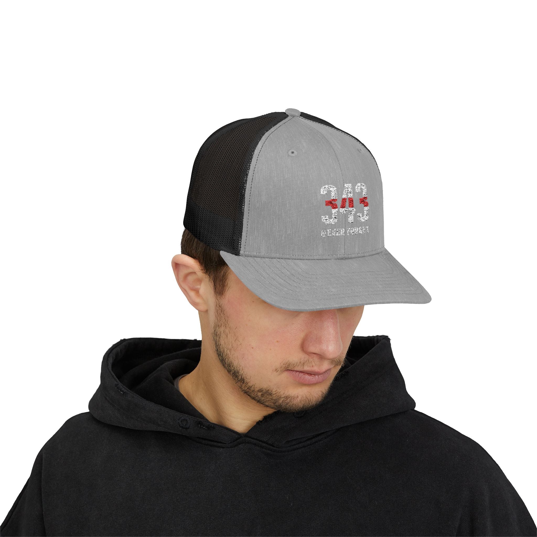 343 Firearms Snapback Trucker Cap with Thin Red Line Design, Ideal for First Responders, Supportive Gifts, Memorials, Everyday Wear