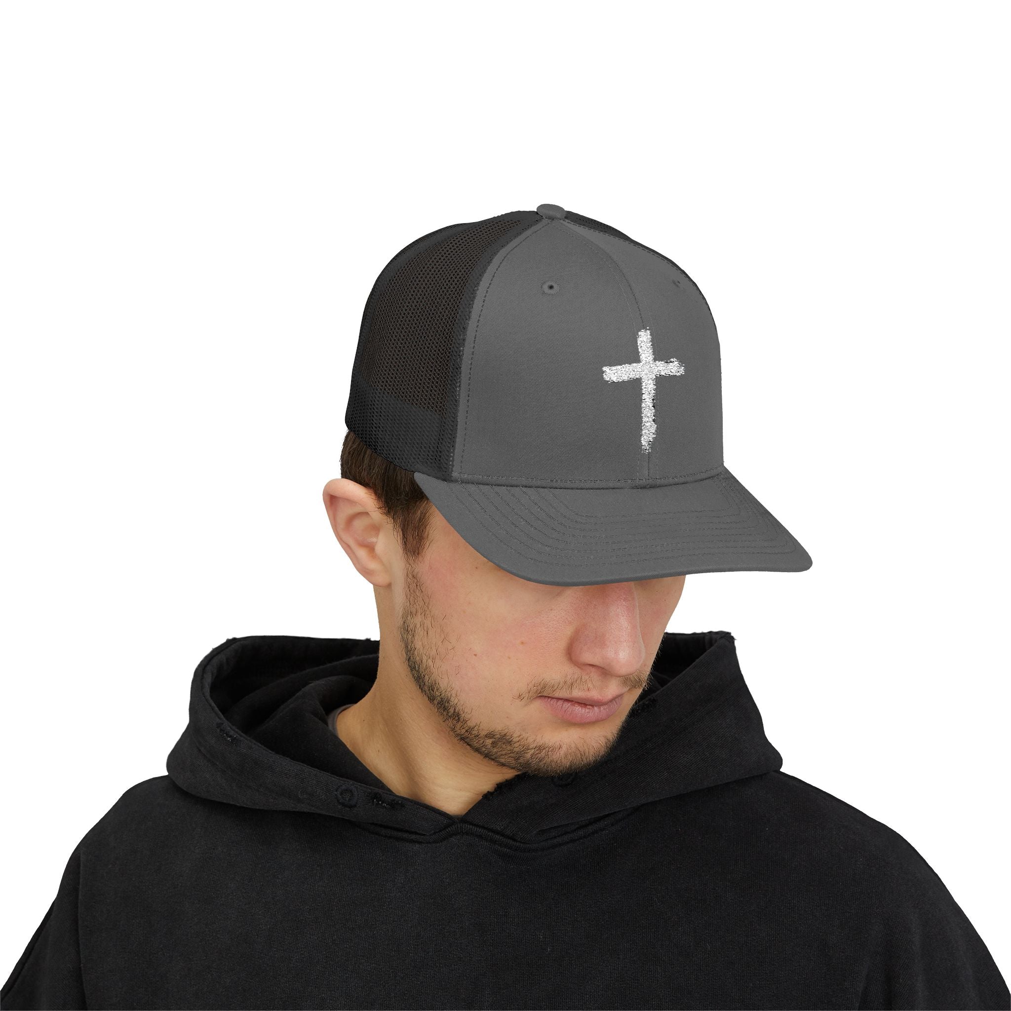 Holly Cross Snapback Trucker Cap with Thin Red Line Design, Ideal for First Responders, Supportive Gifts, Memorials, Everyday Wear