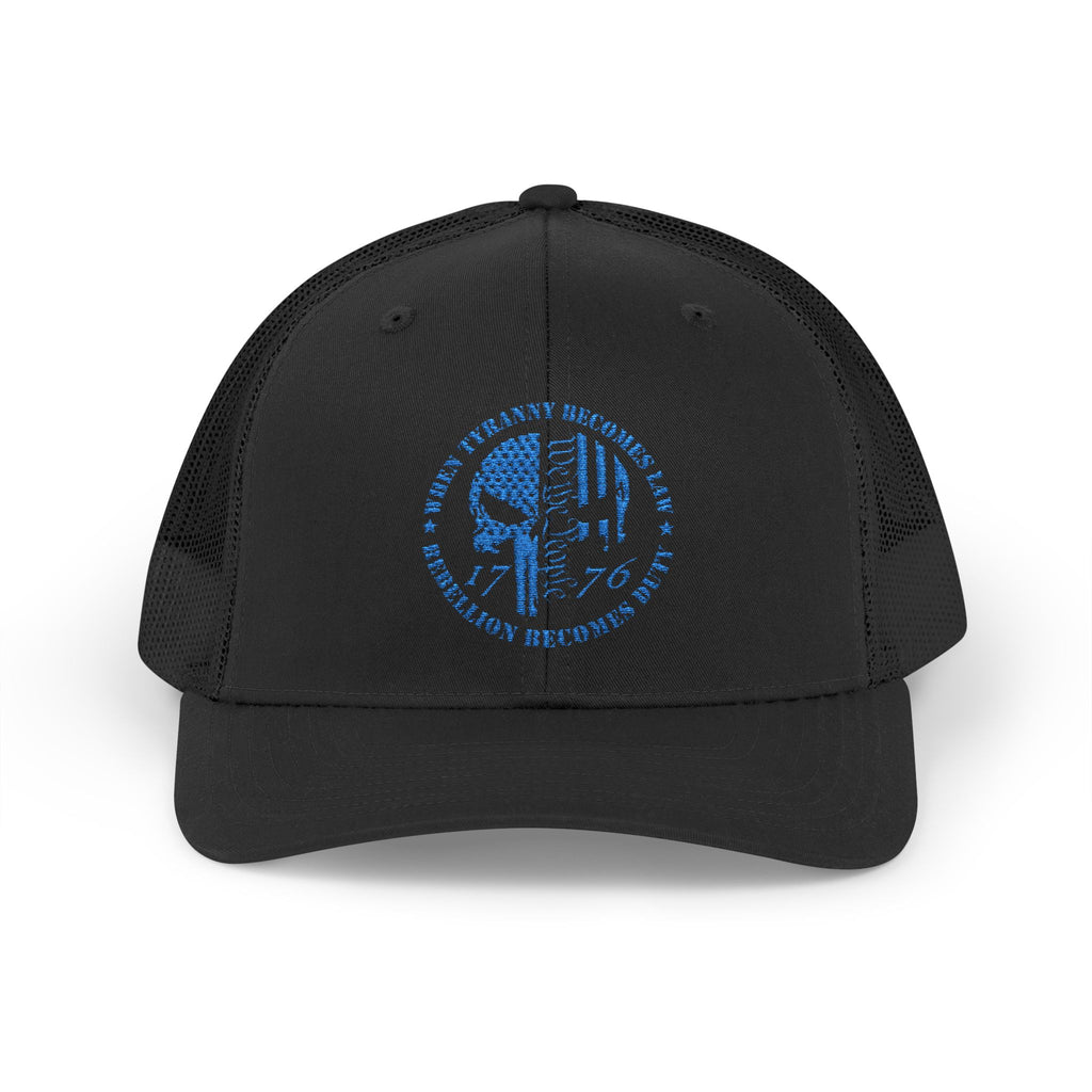 1776 Punisher Snapback Trucker Cap with Thin Red Line Design, Ideal for First Responders, Supportive Gifts, Memorials, Everyday Wear