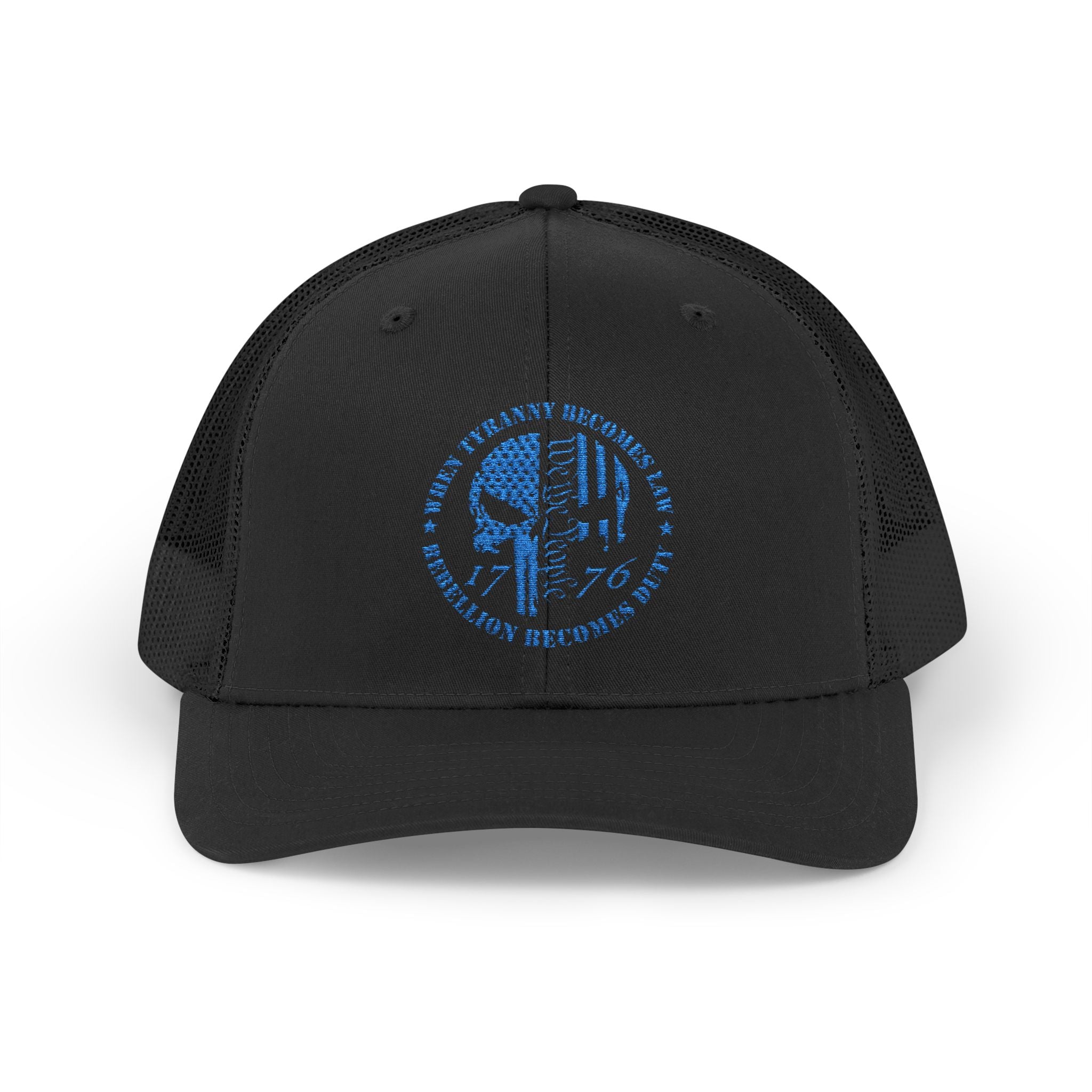 1776 Punisher Snapback Trucker Cap with Thin Red Line Design, Ideal for First Responders, Supportive Gifts, Memorials, Everyday Wear