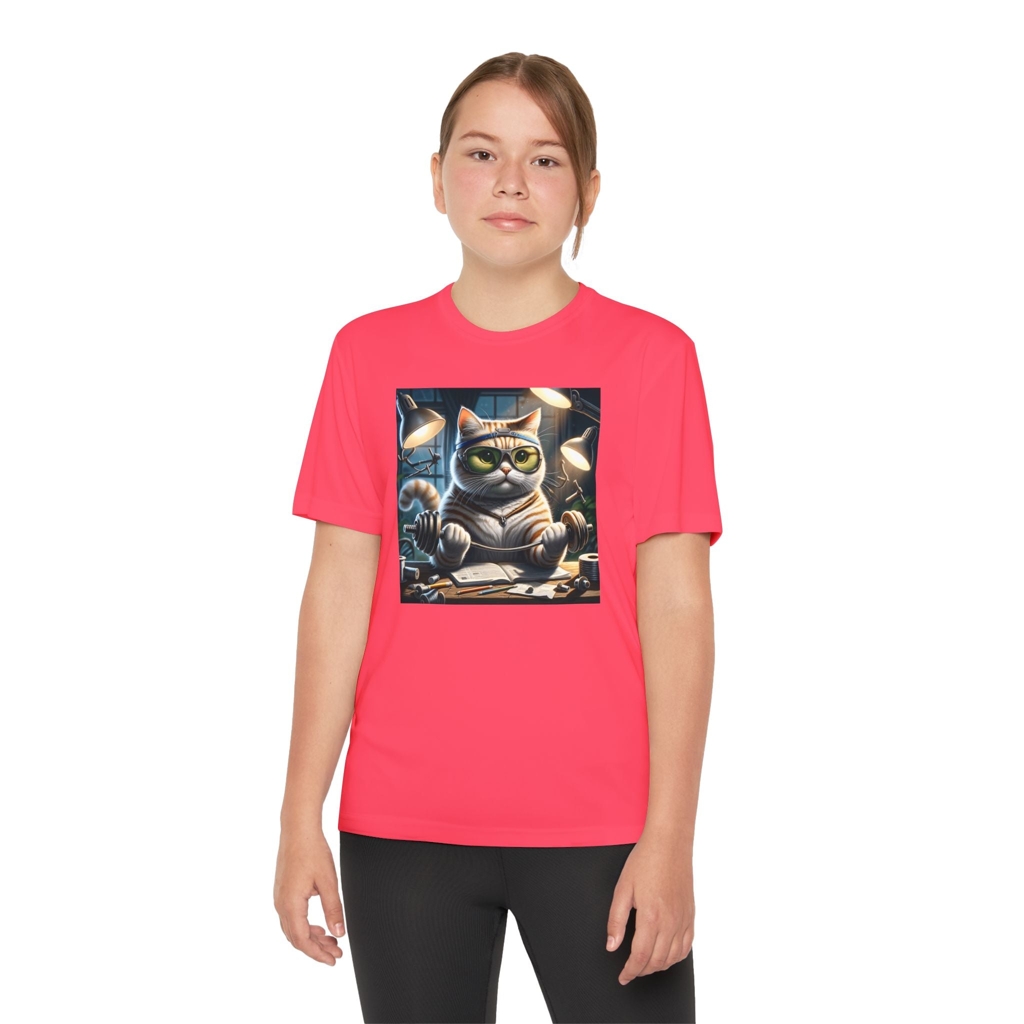 Workout Cat Youth Tee, Kids Fitness Shirt, Exercise Kitten T-Shirt, Gym Cat Top, Athletic Feline Clothing, Sporty Kitty Apparel