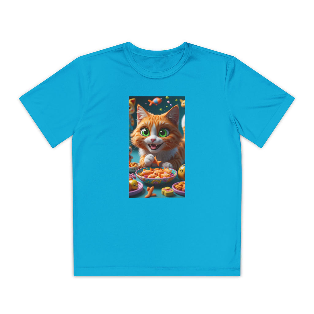 Youth Competitor Tee - Cat eating goldfish crackers, Kids T-shirt, Children's shirt, Funny animal graphic tee, Cat lover gift, Kids fashion