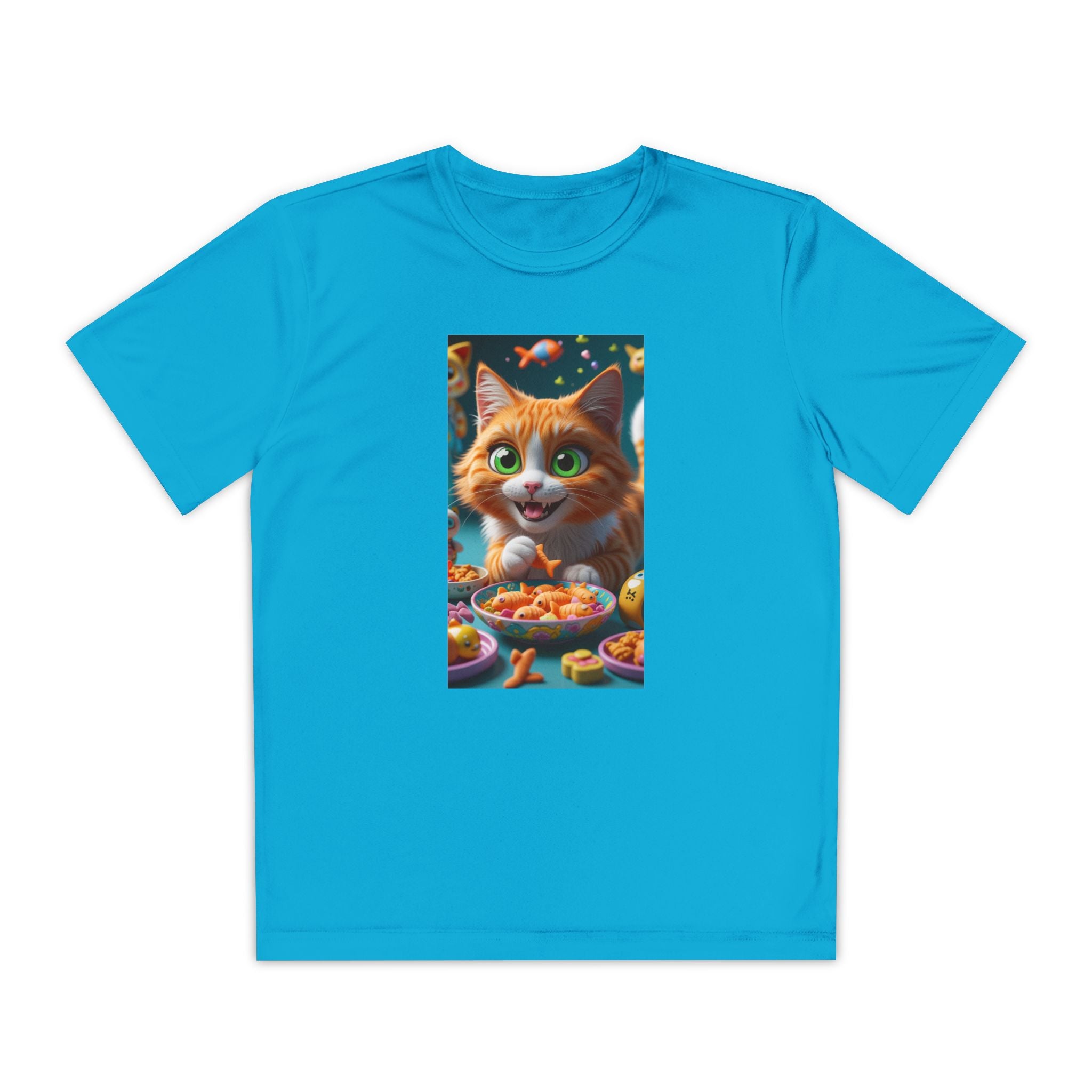 Youth Competitor Tee - Cat eating goldfish crackers, Kids T-shirt, Children's shirt, Funny animal graphic tee, Cat lover gift, Kids fashion