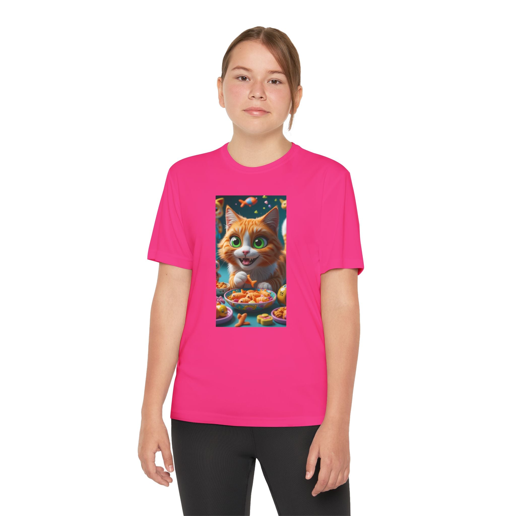 Youth Competitor Tee - Cat eating goldfish crackers, Kids T-shirt, Children's shirt, Funny animal graphic tee, Cat lover gift, Kids fashion