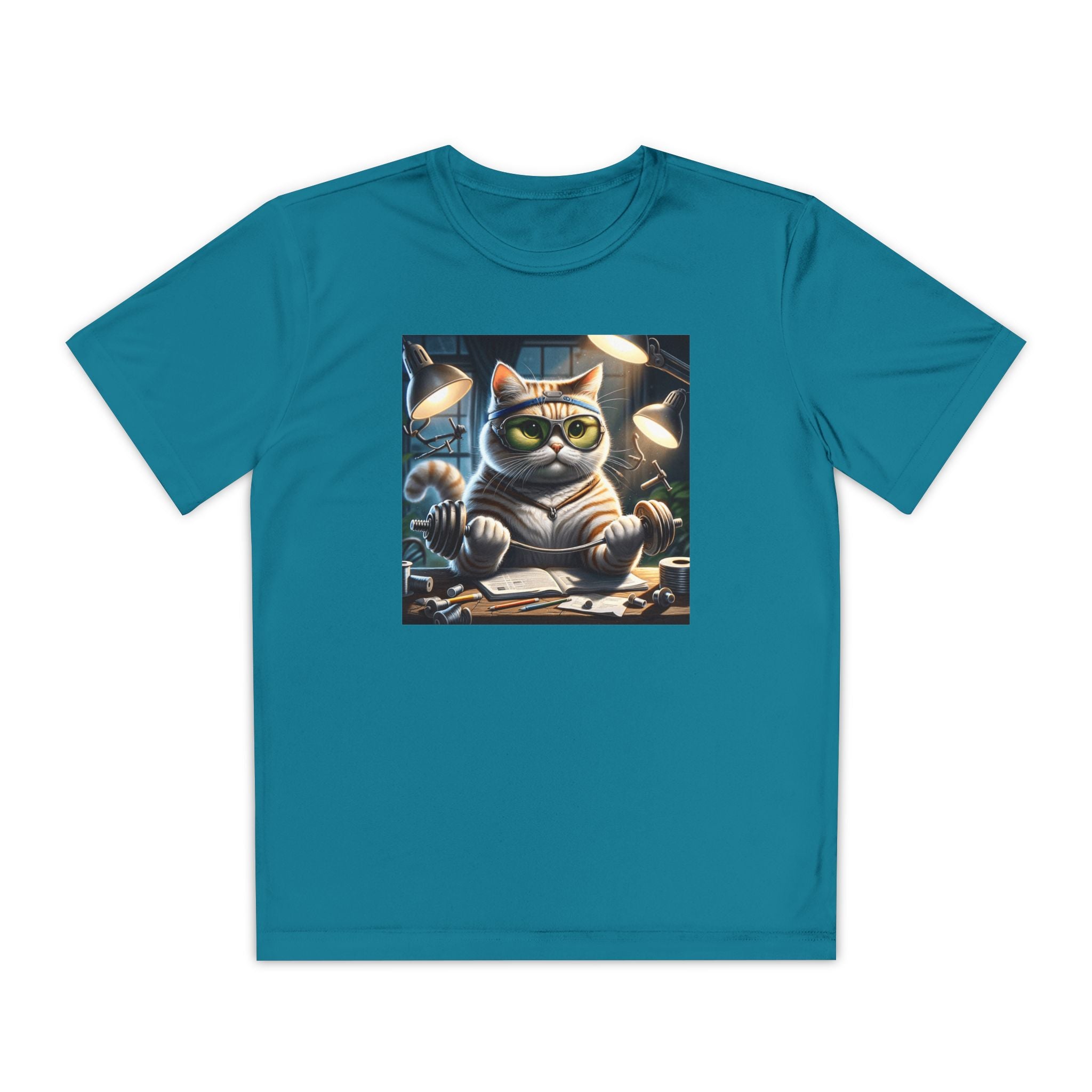 Workout Cat Youth Tee, Kids Fitness Shirt, Exercise Kitten T-Shirt, Gym Cat Top, Athletic Feline Clothing, Sporty Kitty Apparel