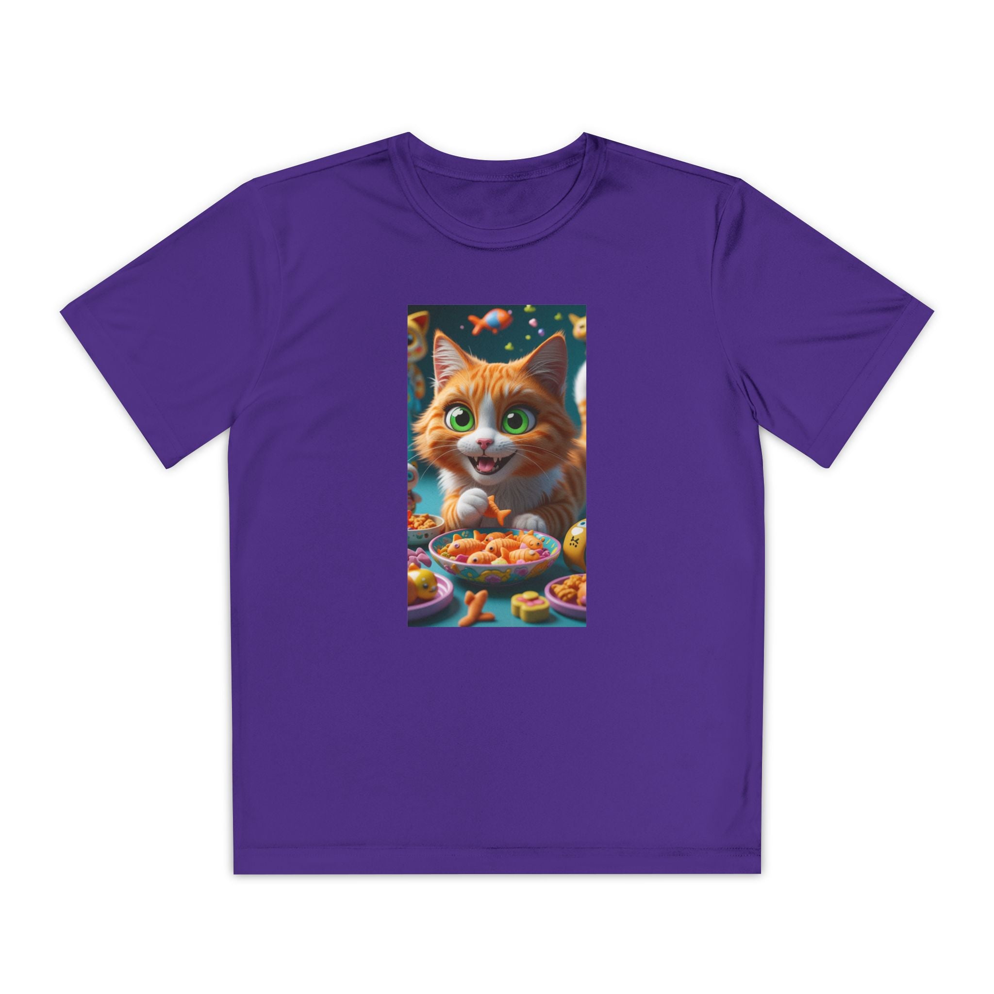 Youth Competitor Tee - Cat eating goldfish crackers, Kids T-shirt, Children's shirt, Funny animal graphic tee, Cat lover gift, Kids fashion