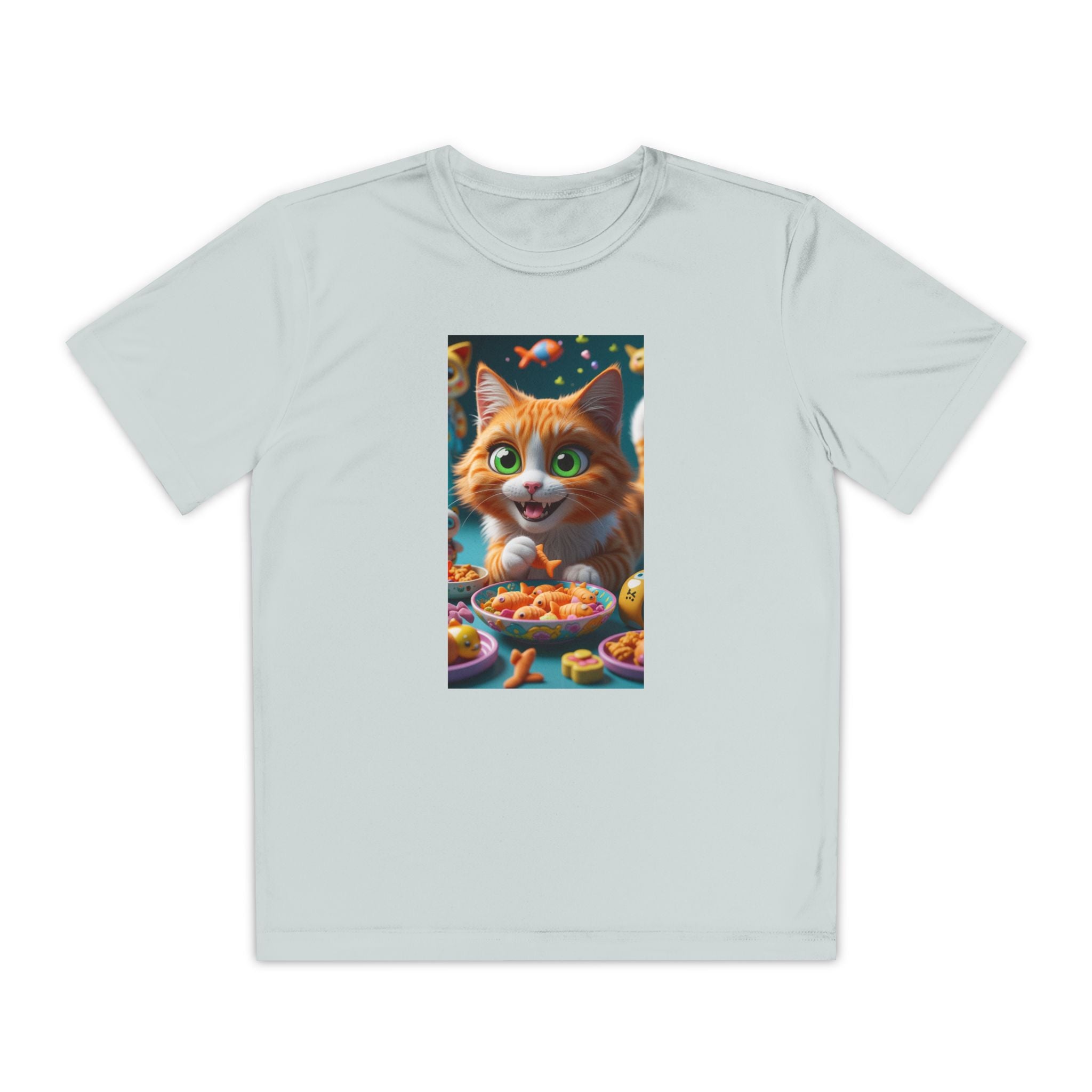 Youth Competitor Tee - Cat eating goldfish crackers, Kids T-shirt, Children's shirt, Funny animal graphic tee, Cat lover gift, Kids fashion