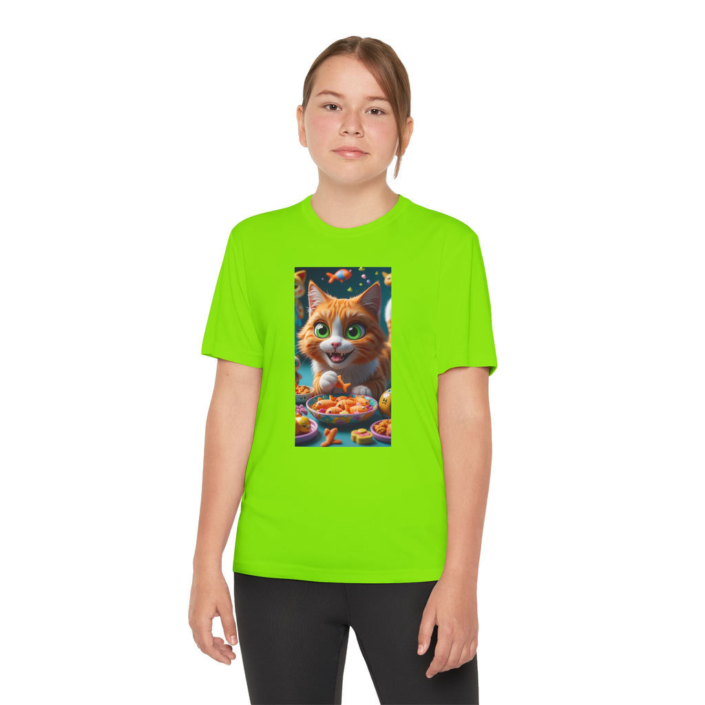 Youth Competitor Tee - Cat eating goldfish crackers, Kids T-shirt, Children's shirt, Funny animal graphic tee, Cat lover gift, Kids fashion