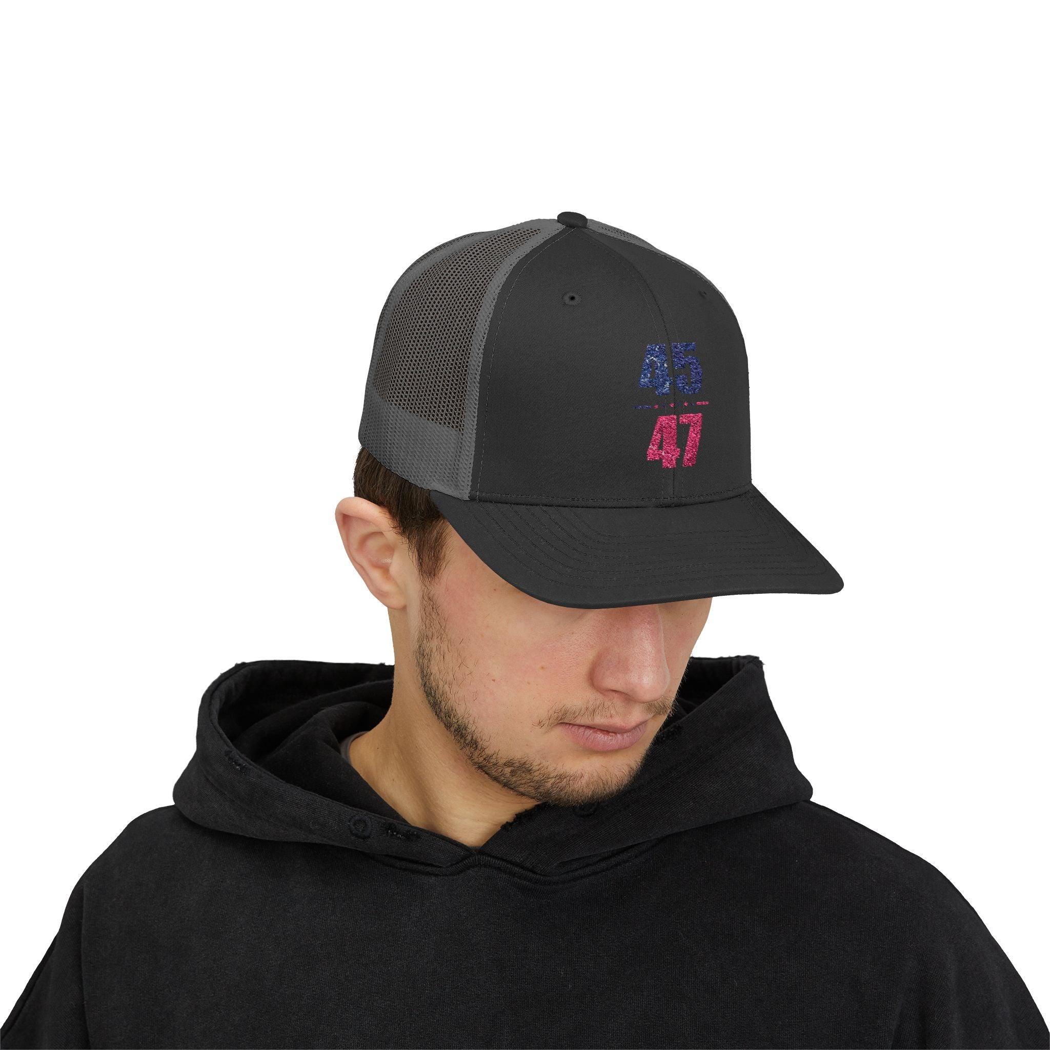 45 / 47 Patriotic Snapback Trucker Cap with Thin Red Line Design, Ideal for First Responders, Supportive Gifts, Memorials, Everyday Wear
