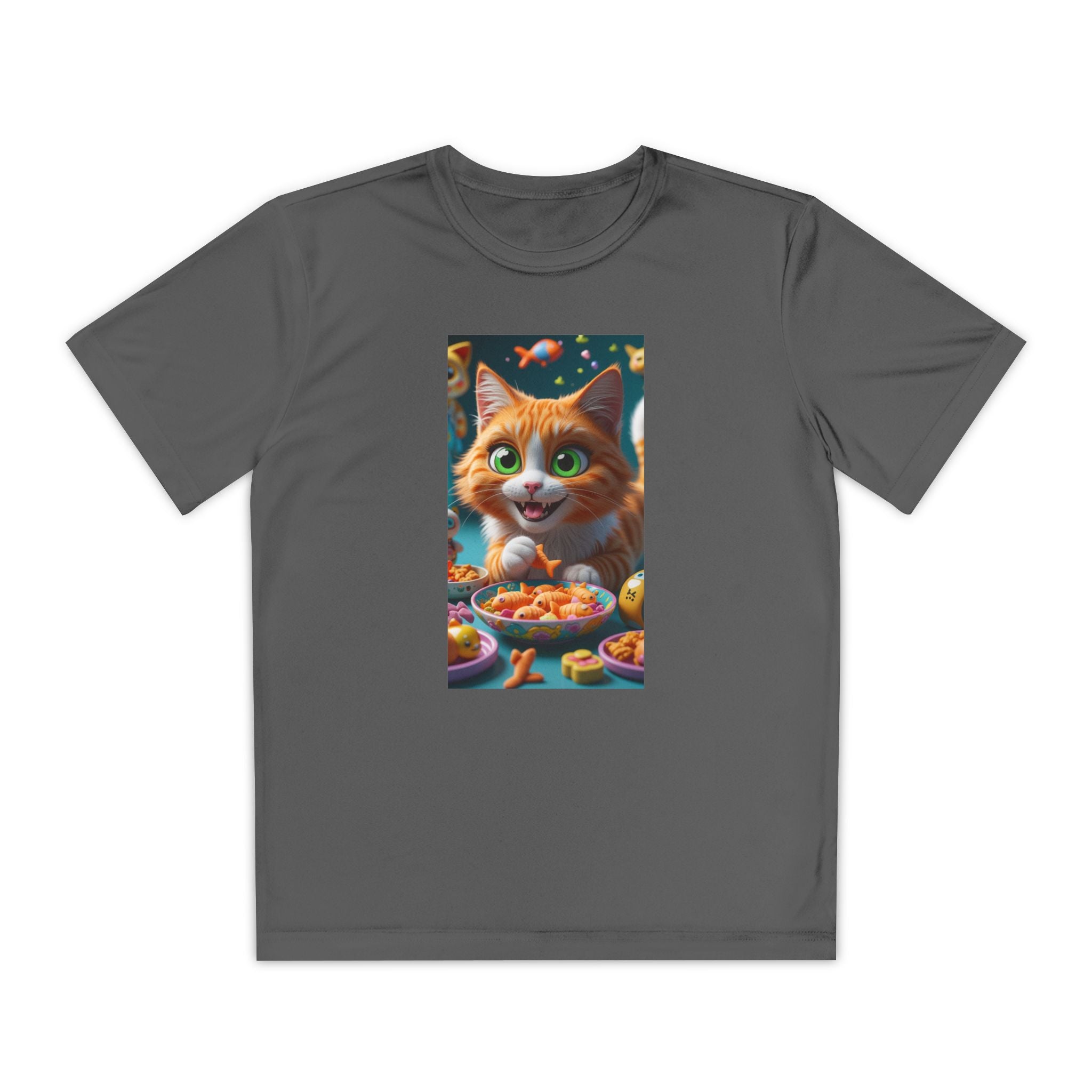 Youth Competitor Tee - Cat eating goldfish crackers, Kids T-shirt, Children's shirt, Funny animal graphic tee, Cat lover gift, Kids fashion