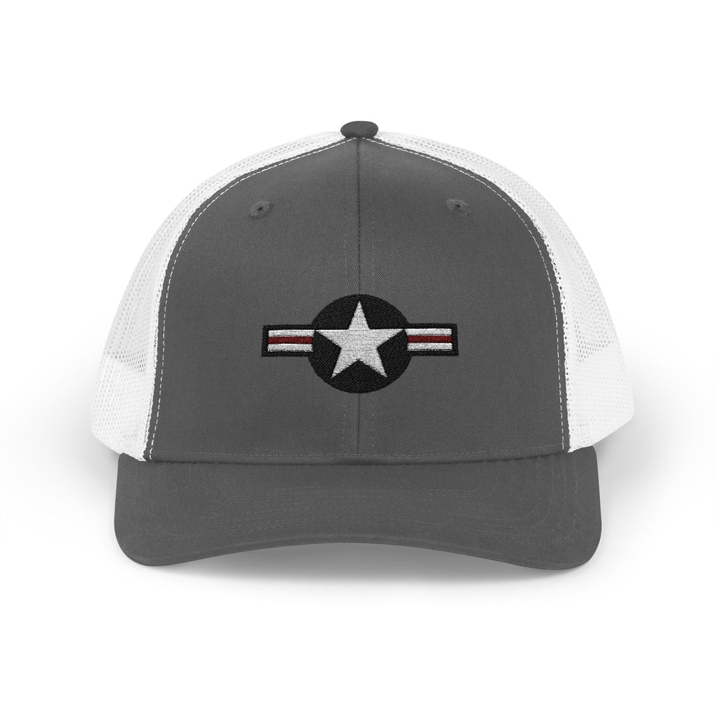 US Air Force Snapback Trucker Cap with Thin Red Line Design, Ideal for First Responders, Supportive Gifts, Memorials, Everyday Wear